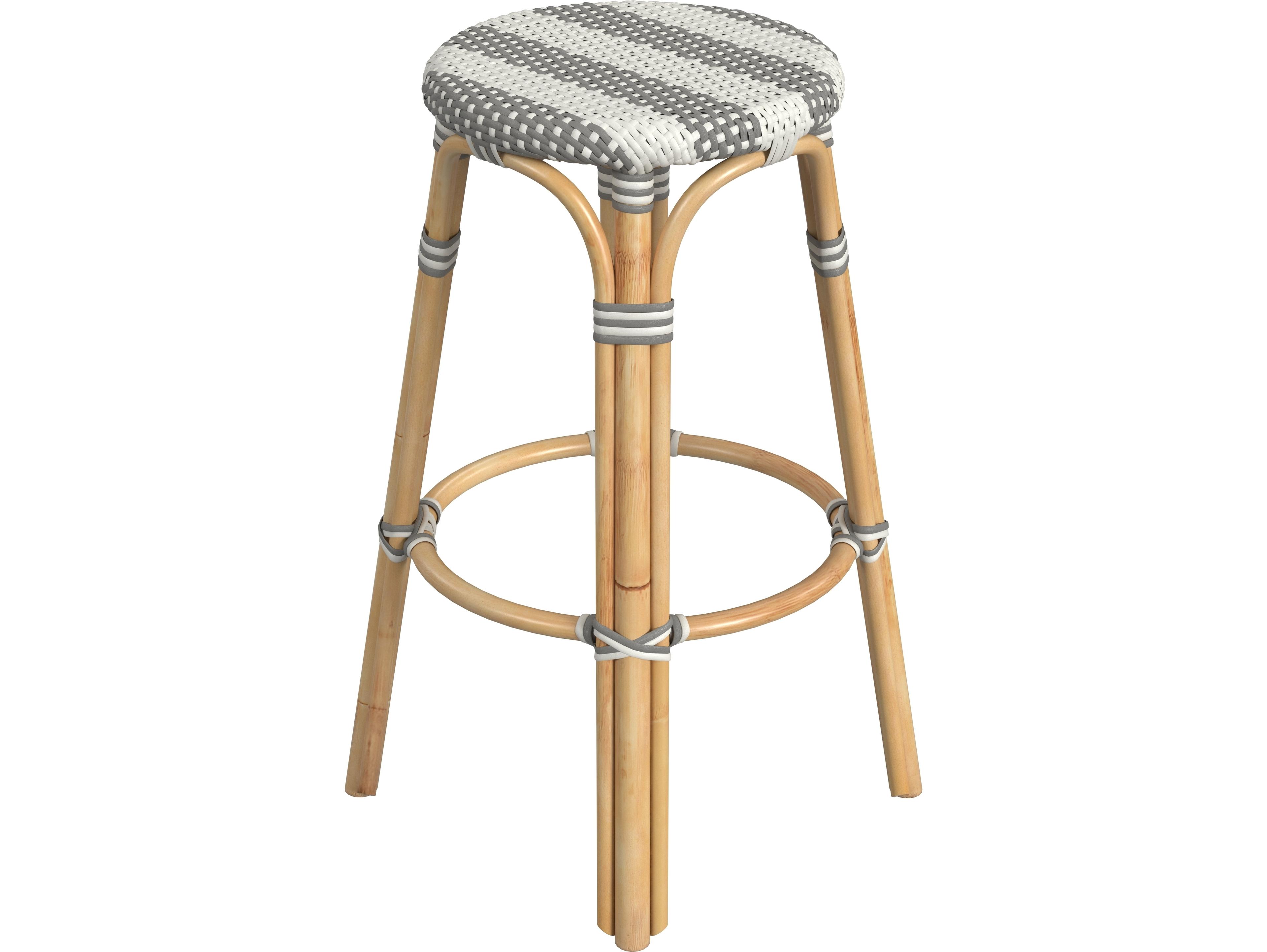 Butler Tobias Gray white Stripe Natural Rattan Frame Bar Stool