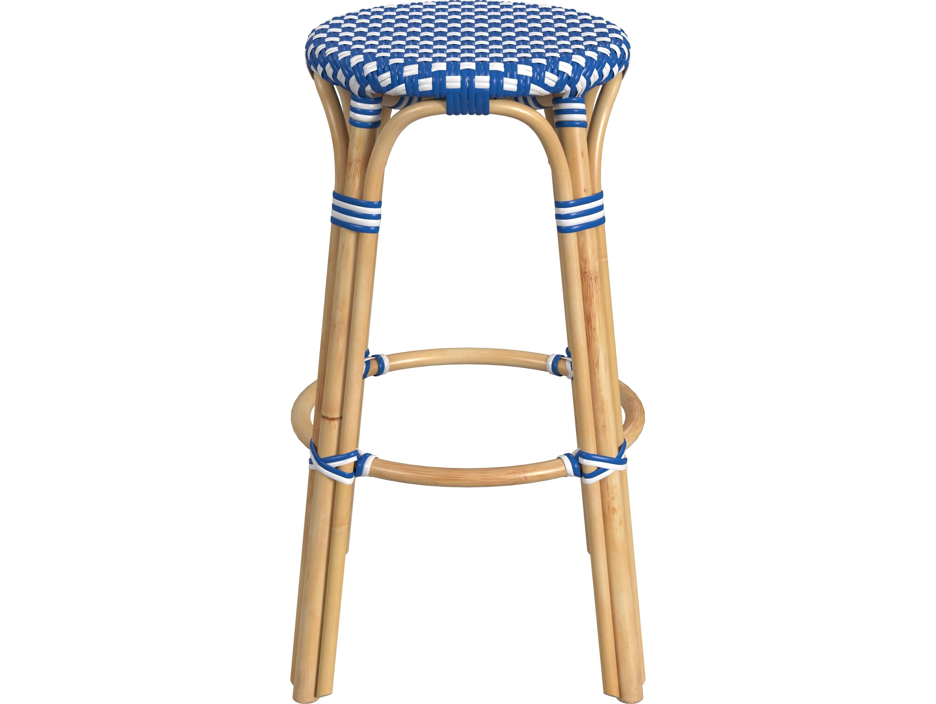 Butler Tobias Blue white Dot Natural Rattan Frame Bar Stool