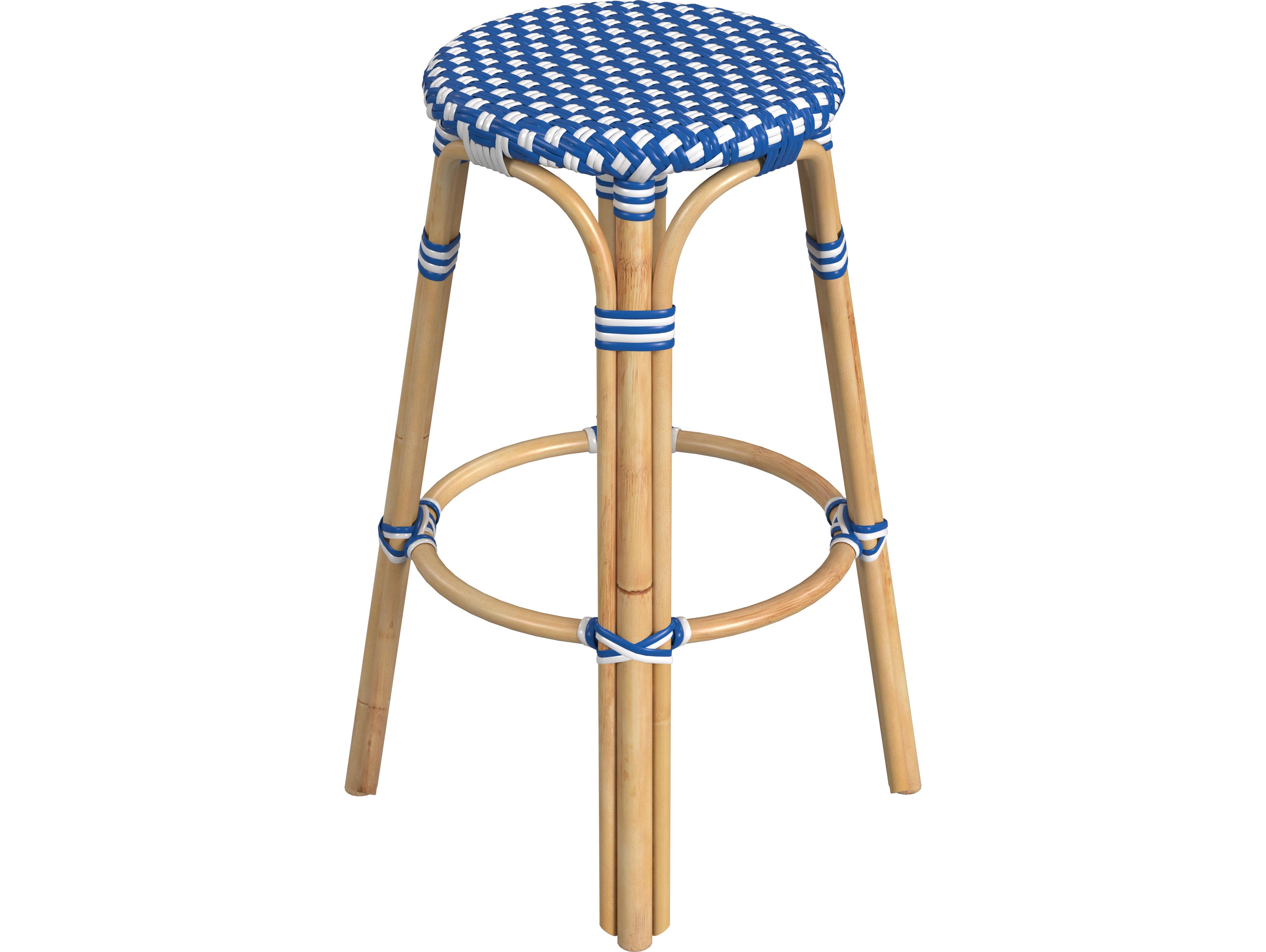 Butler Tobias Blue white Dot Natural Rattan Frame Bar Stool