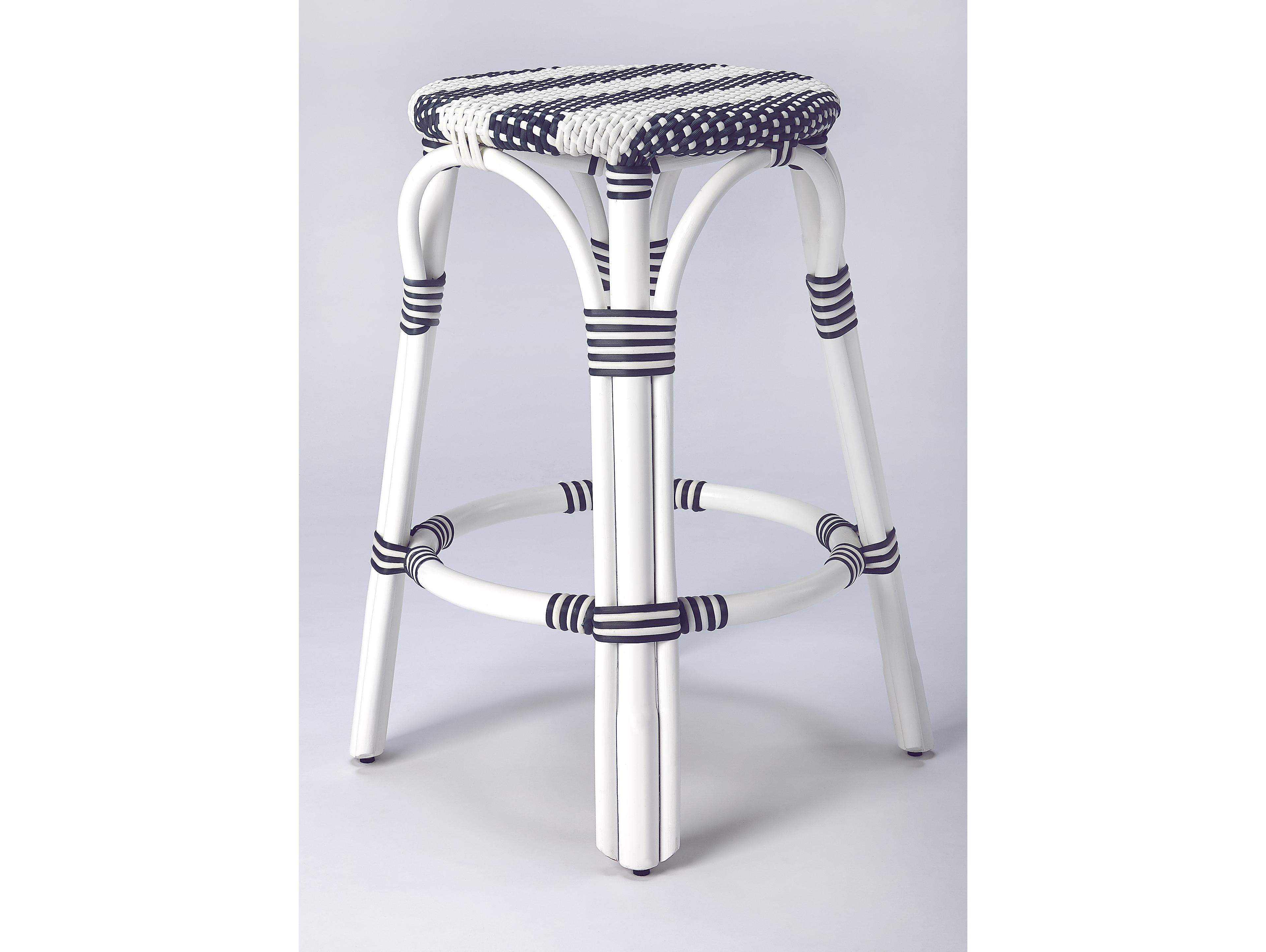 Butler Tobias White navy Stripe Rattan Frame Counter Stool