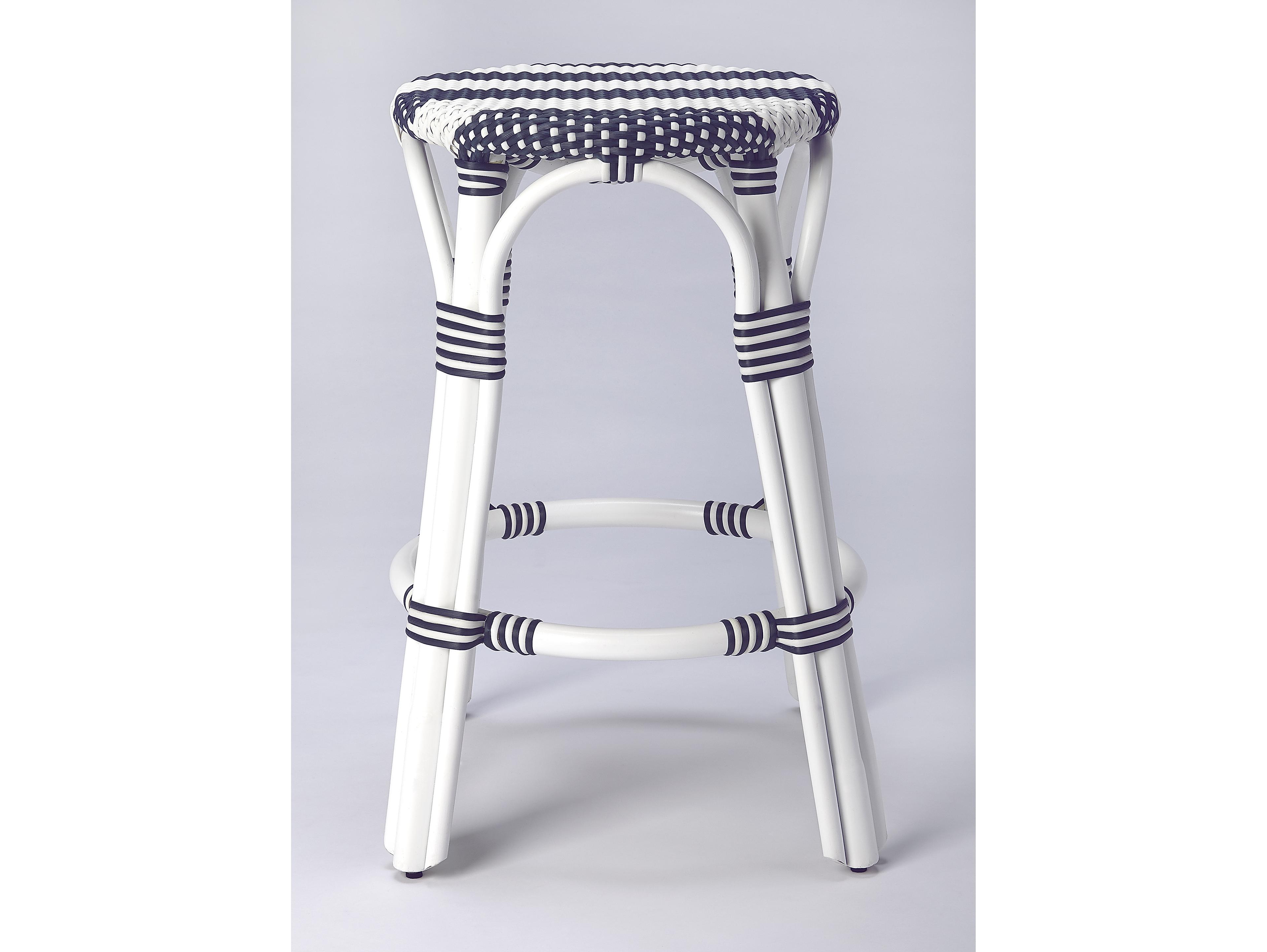 Butler Tobias White navy Stripe Rattan Frame Counter Stool