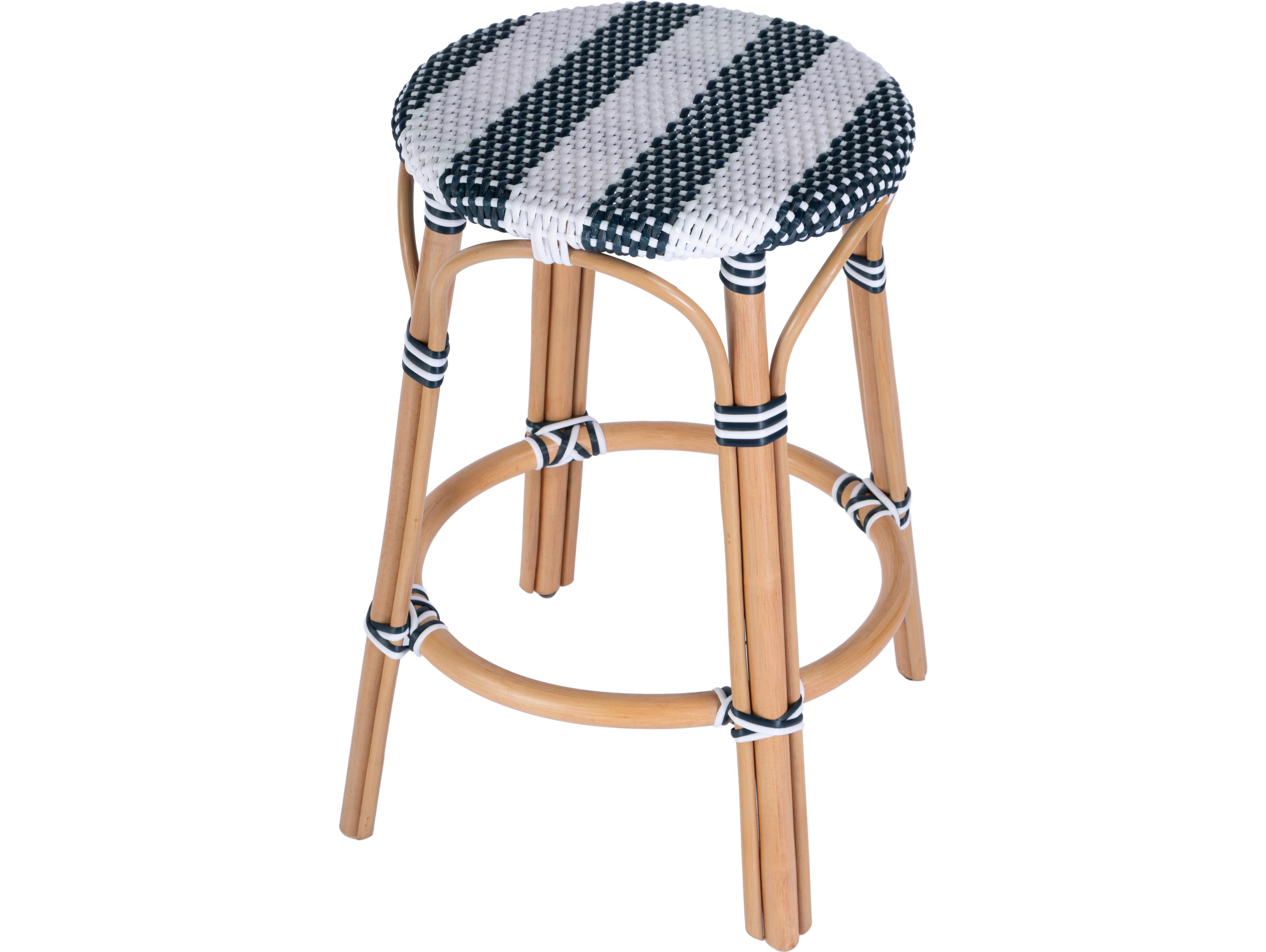 Butler Tobias White navy Stripe Natural Rattan Frame Counter Stool