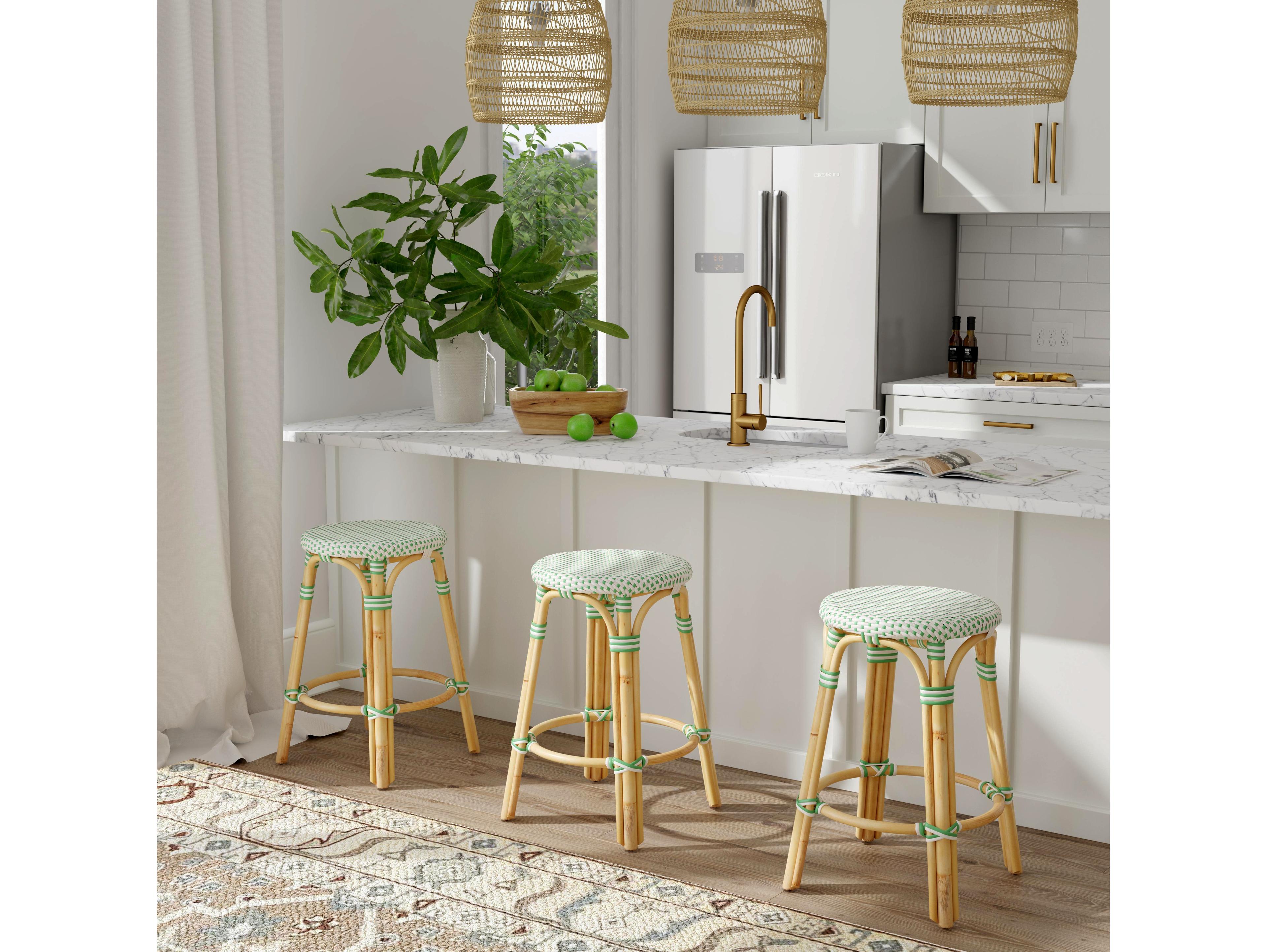 Butler Tobias White green Dot Natural Rattan Frame Counter Stool