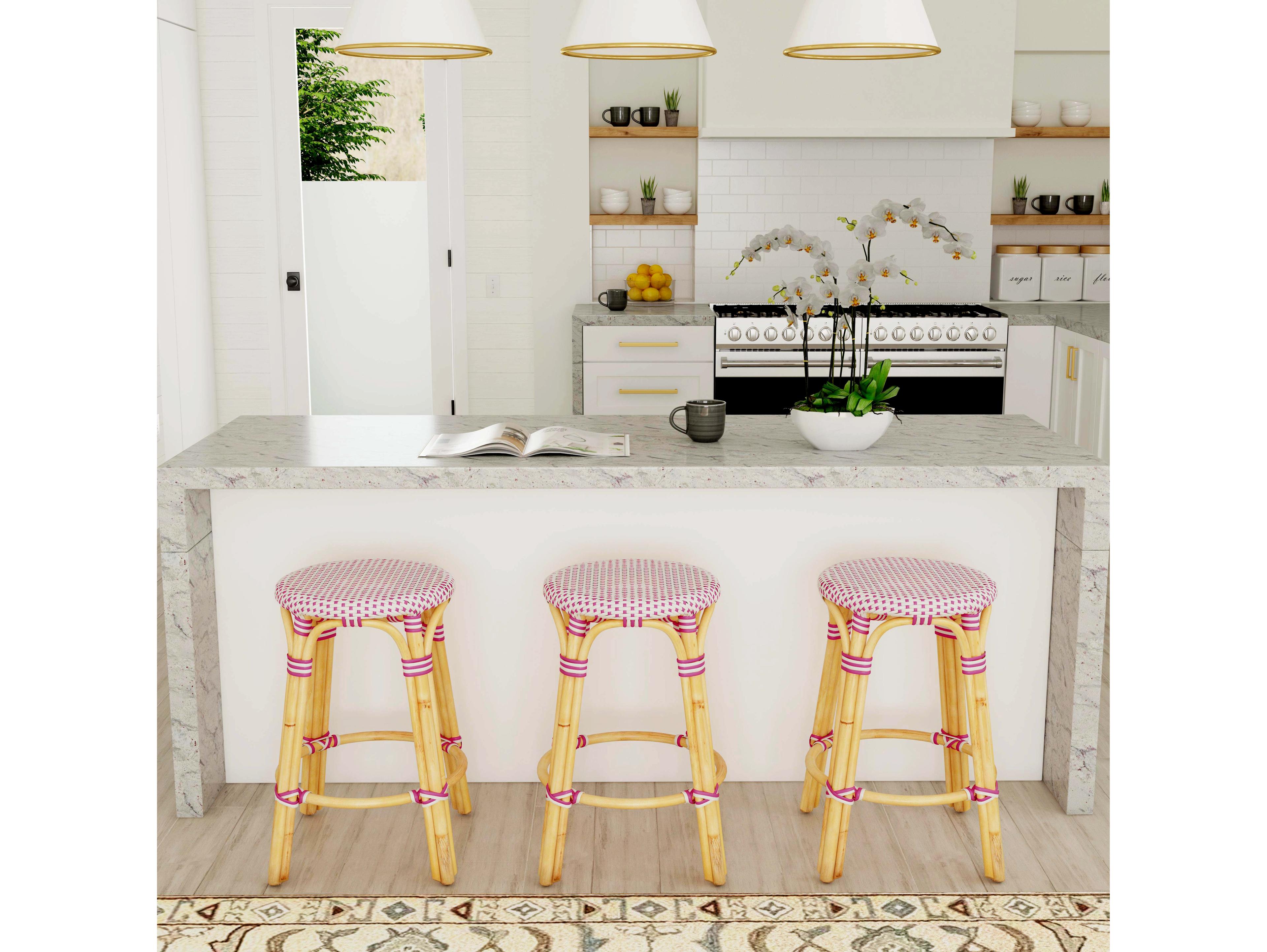 Butler Tobias White pink Dot Natural Rattan Frame Counter Stool