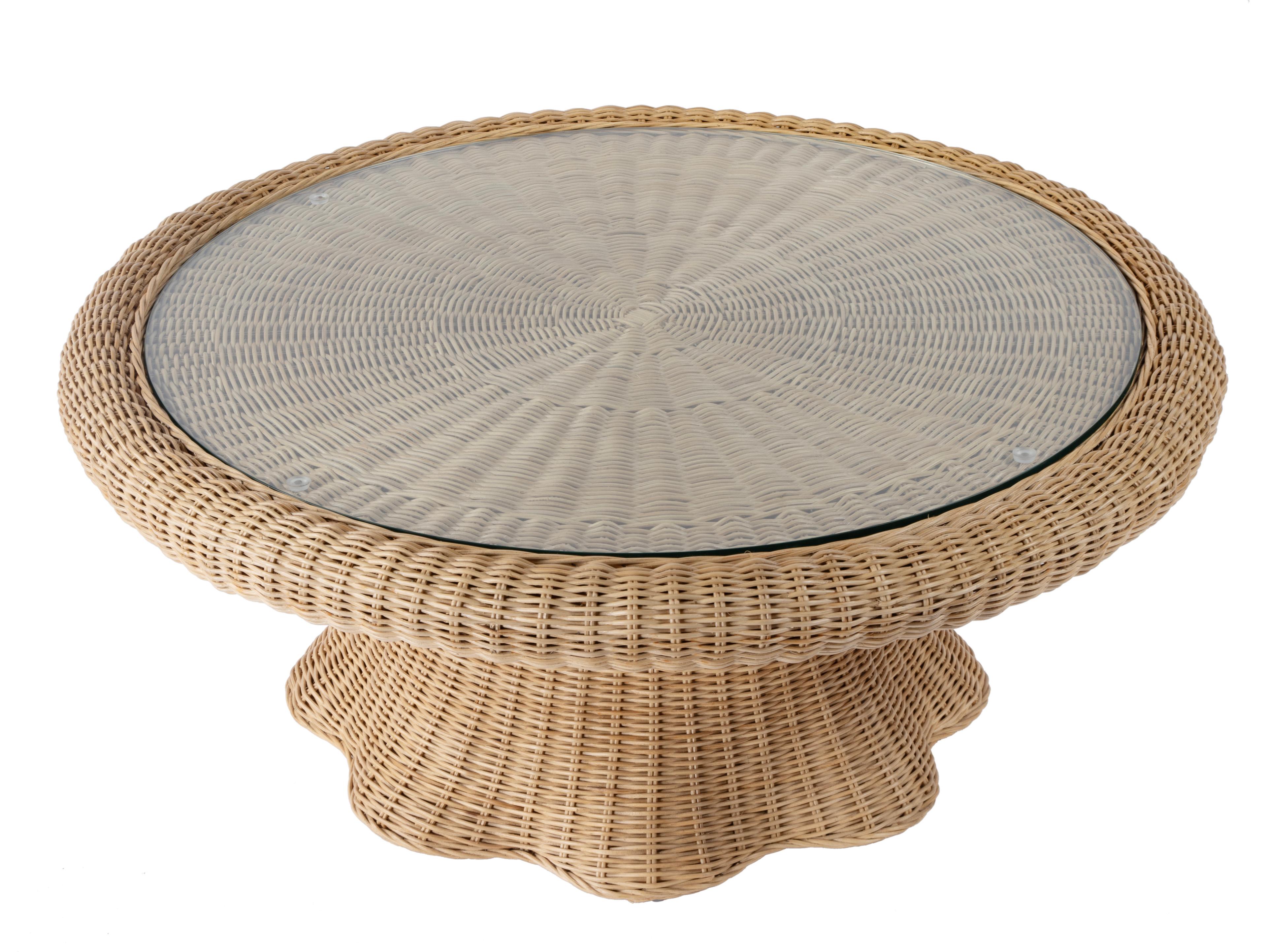 Butler Flora Round Glass Natural Rattan Coffee Table