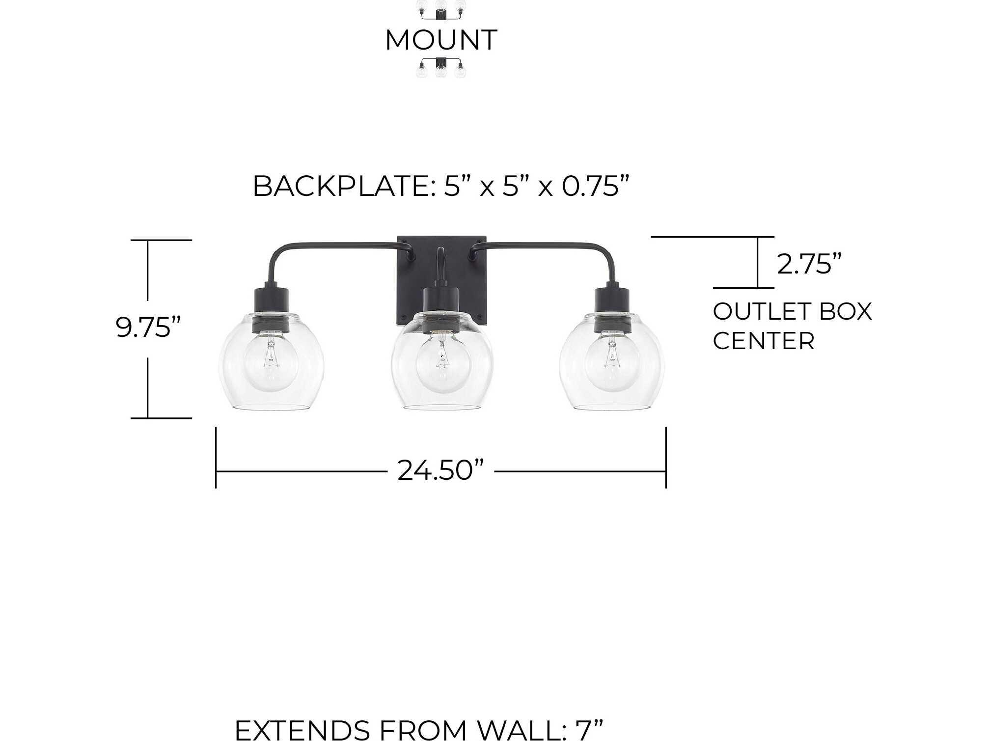 Capital Lighting Tanner 3-Light Matte Black Glass Vanity Light