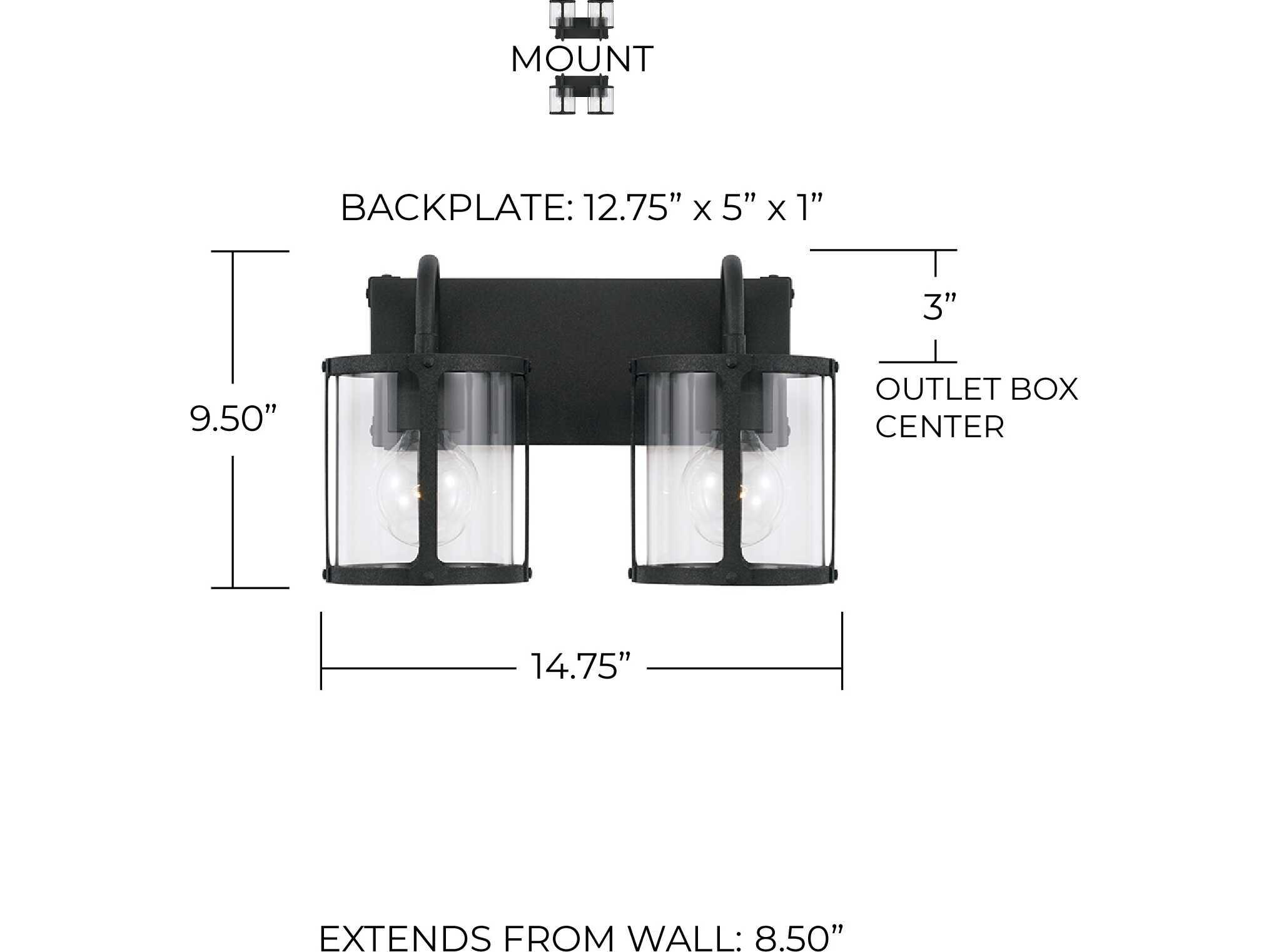 Capital Lighting Brennen 2-Light Black Iron Glass Vanity Light