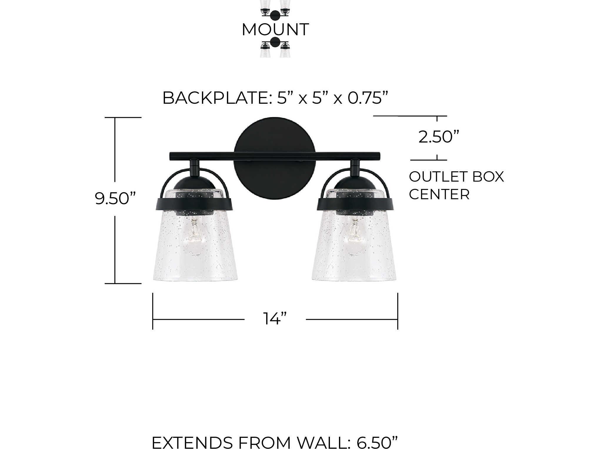 Capital Lighting Madison 2-Light Matte Black Glass Vanity Light