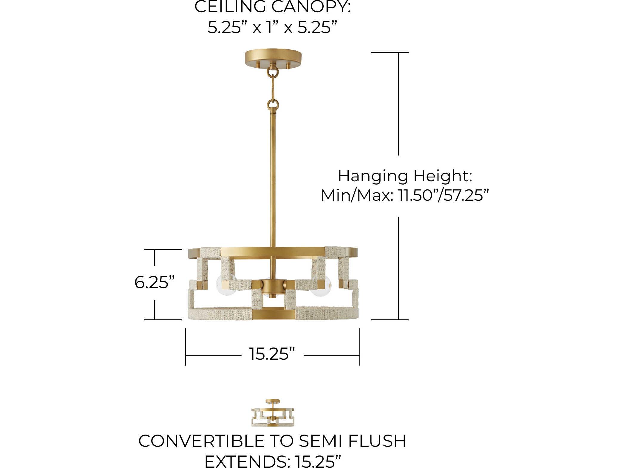 Capital Lighting Hala 3-Light Bleached Natural Jute Patinaed Brass Semi Flush Mount