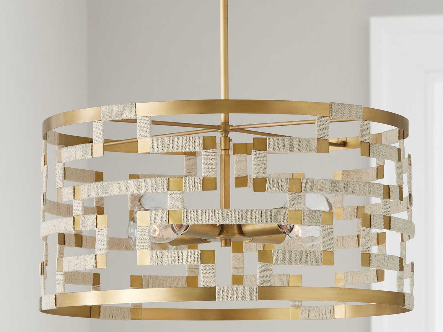 Capital Lighting Hala 4-Light Bleached Natural Jute Patinaed Brass Drum Pendant