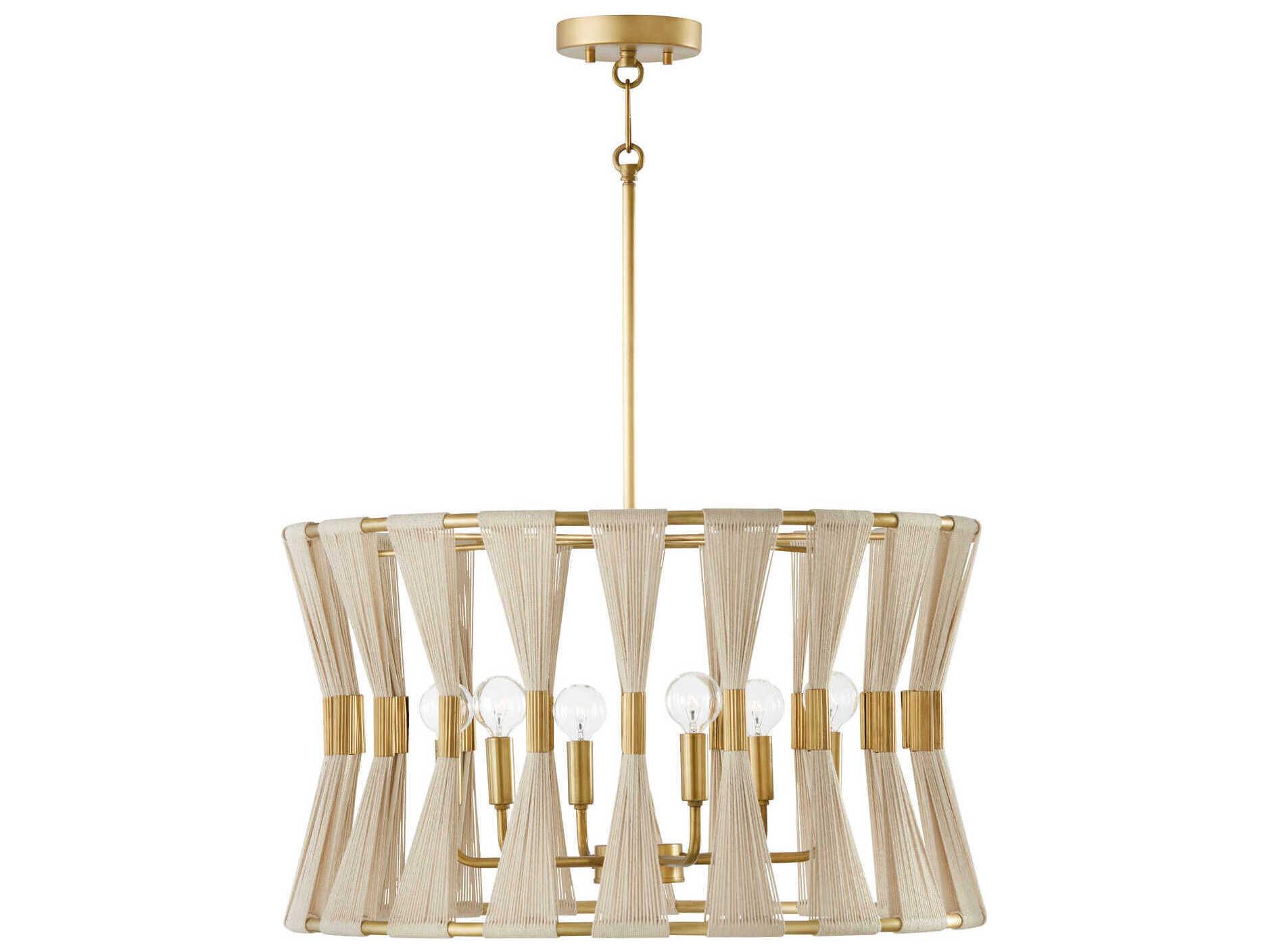 Capital Lighting Bianca 6-Light Bleached Natural Rope Patinaed Brass White Pendant