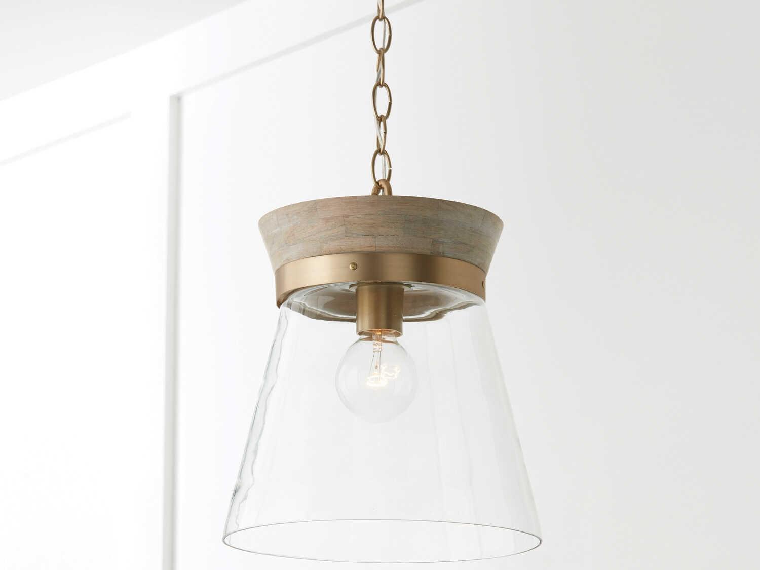 Capital Lighting Finn 1-Light White Wash Matte Brass Wood Glass Empire Mini Pendant