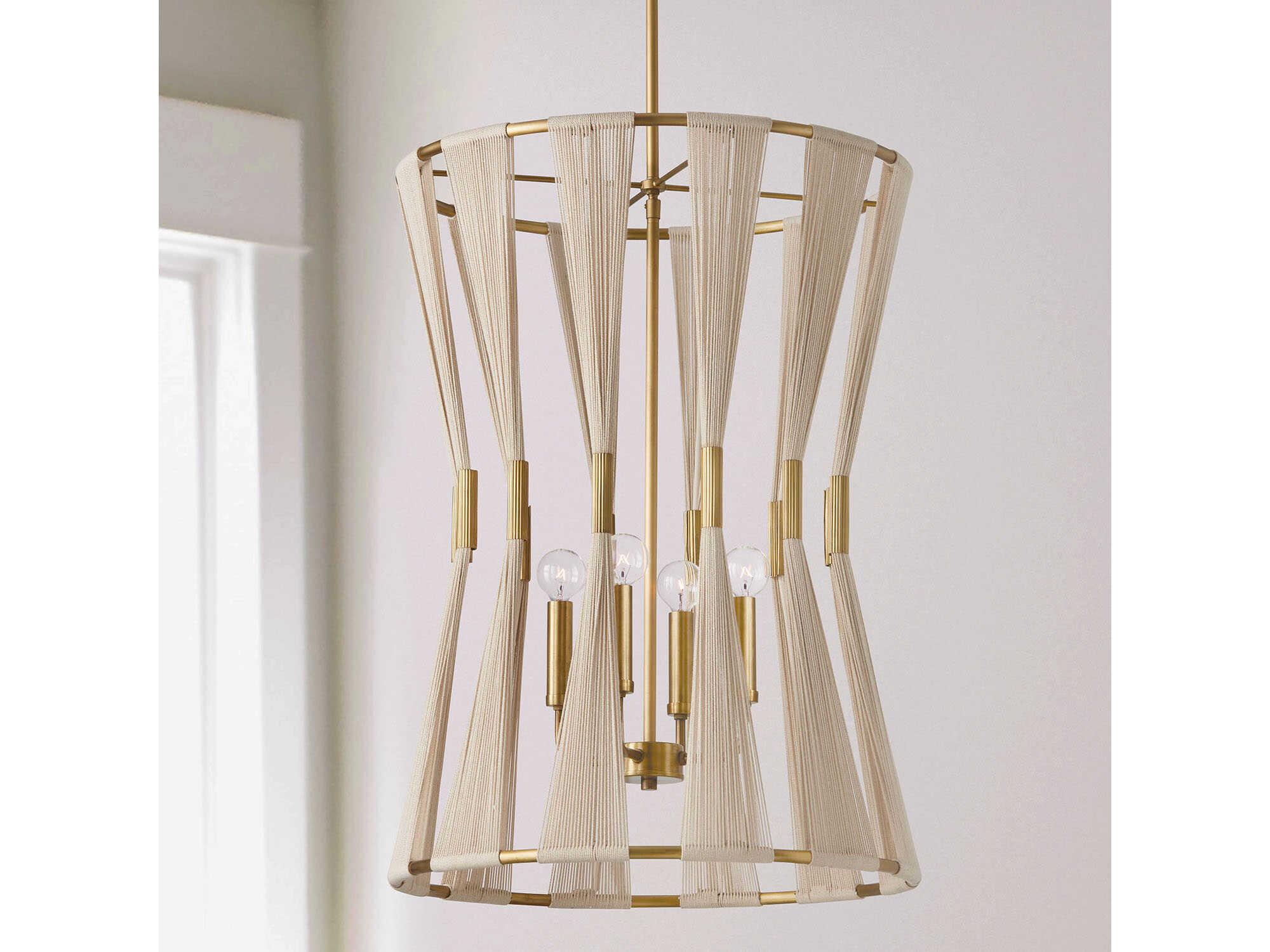 Capital Lighting Bianca 4-Light Bleached Natural Rope Patinaed Brass White Pendant