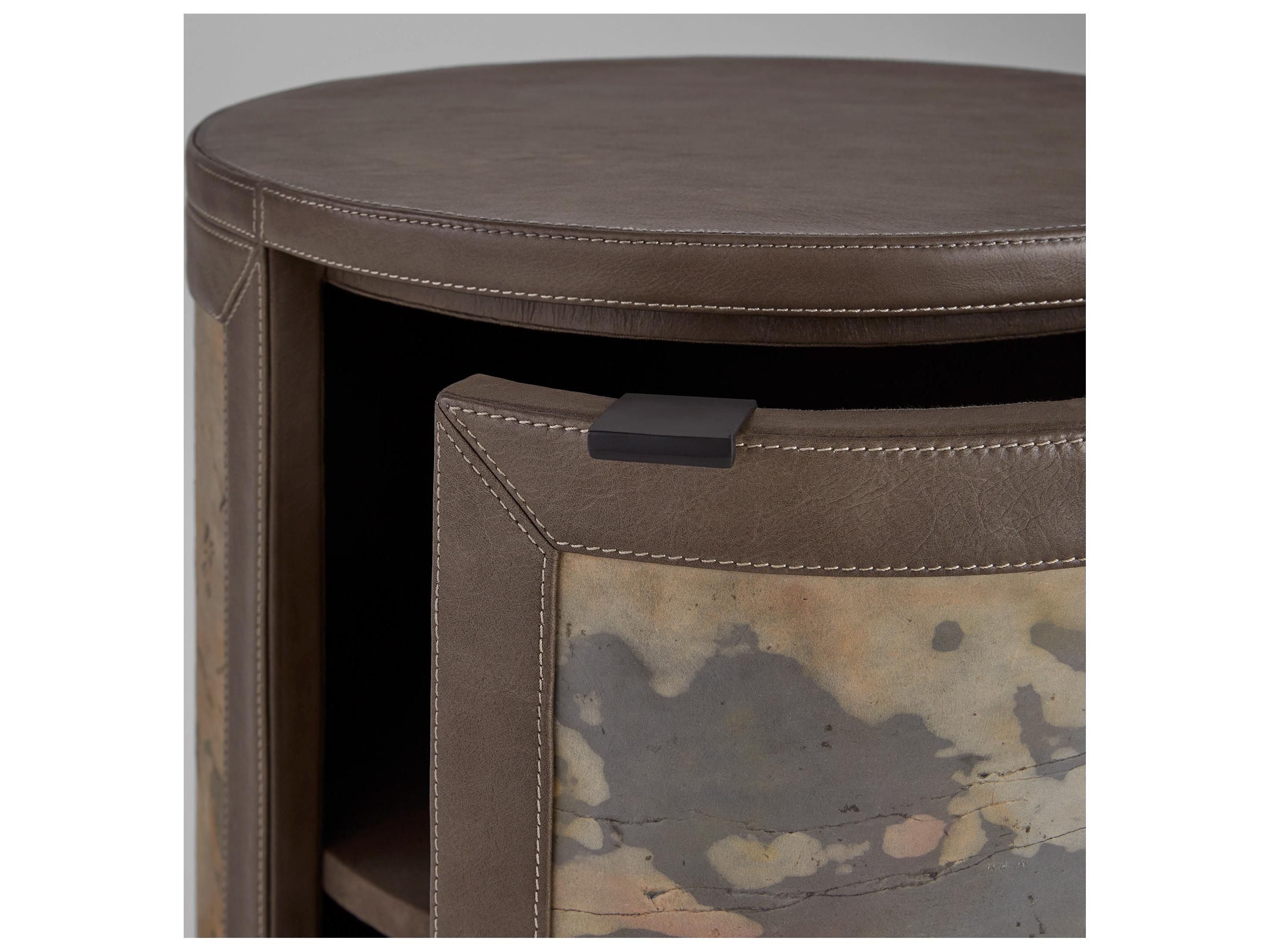 Cyan Design Round Leather Smoke Grey Slate Veneer End Table