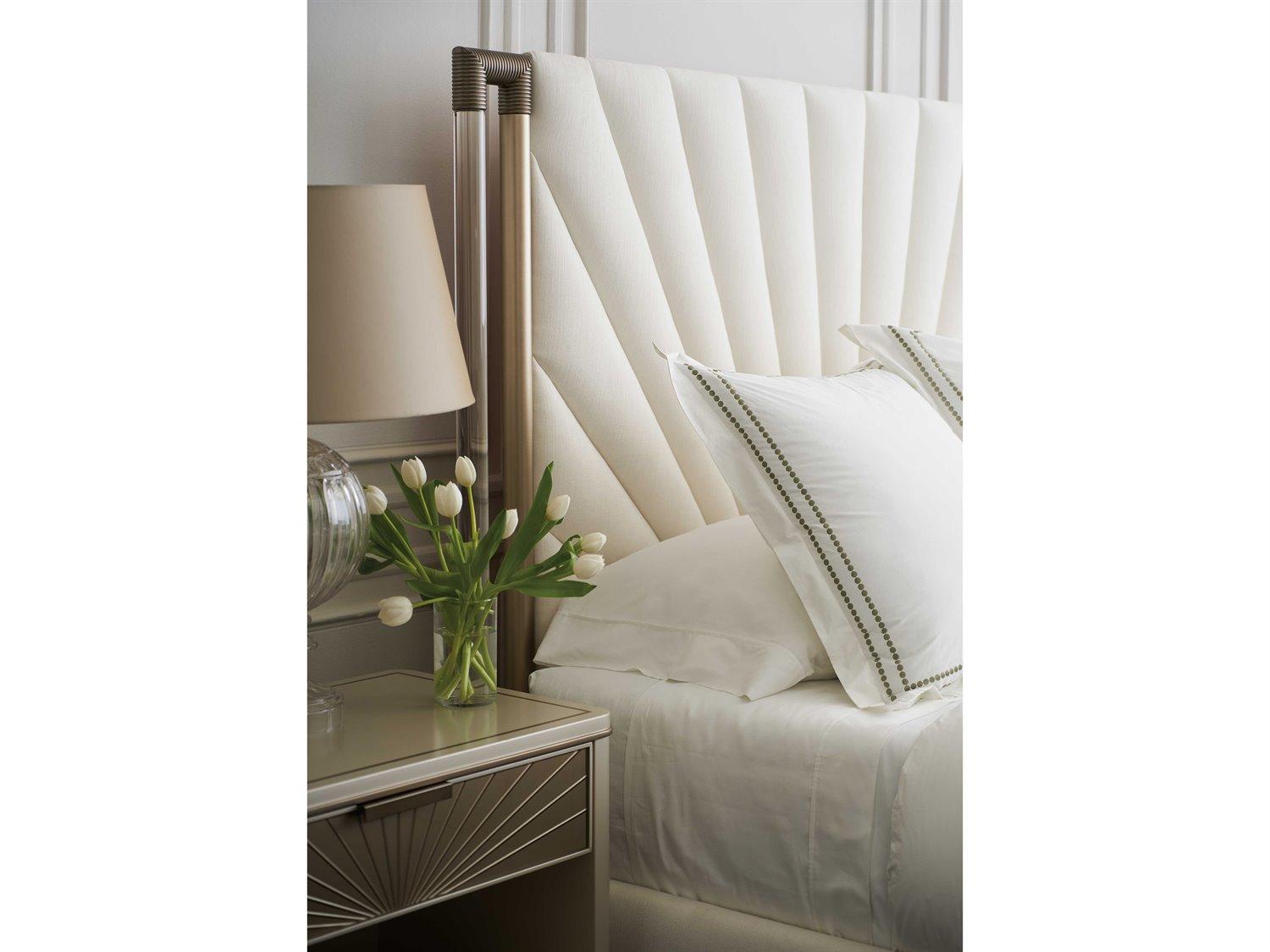 Caracole Valentina Golden Shimmer White Birch Wood Upholstered Queen Platform Bed