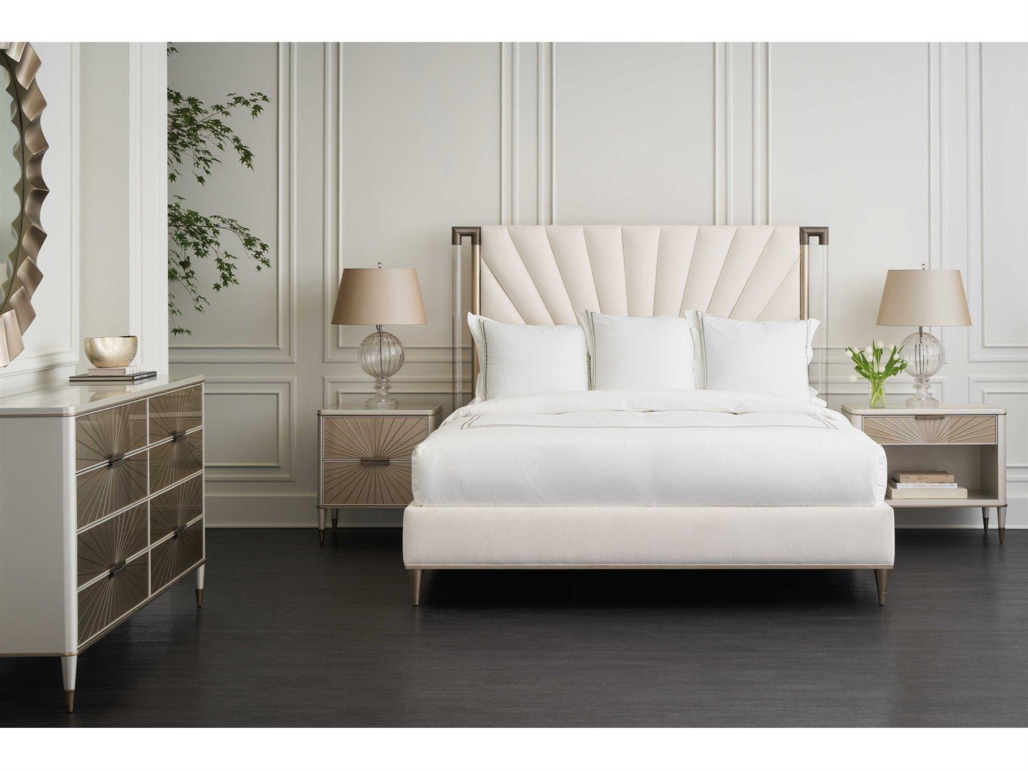 Caracole Valentina Golden Shimmer White Birch Wood Upholstered Queen Platform Bed