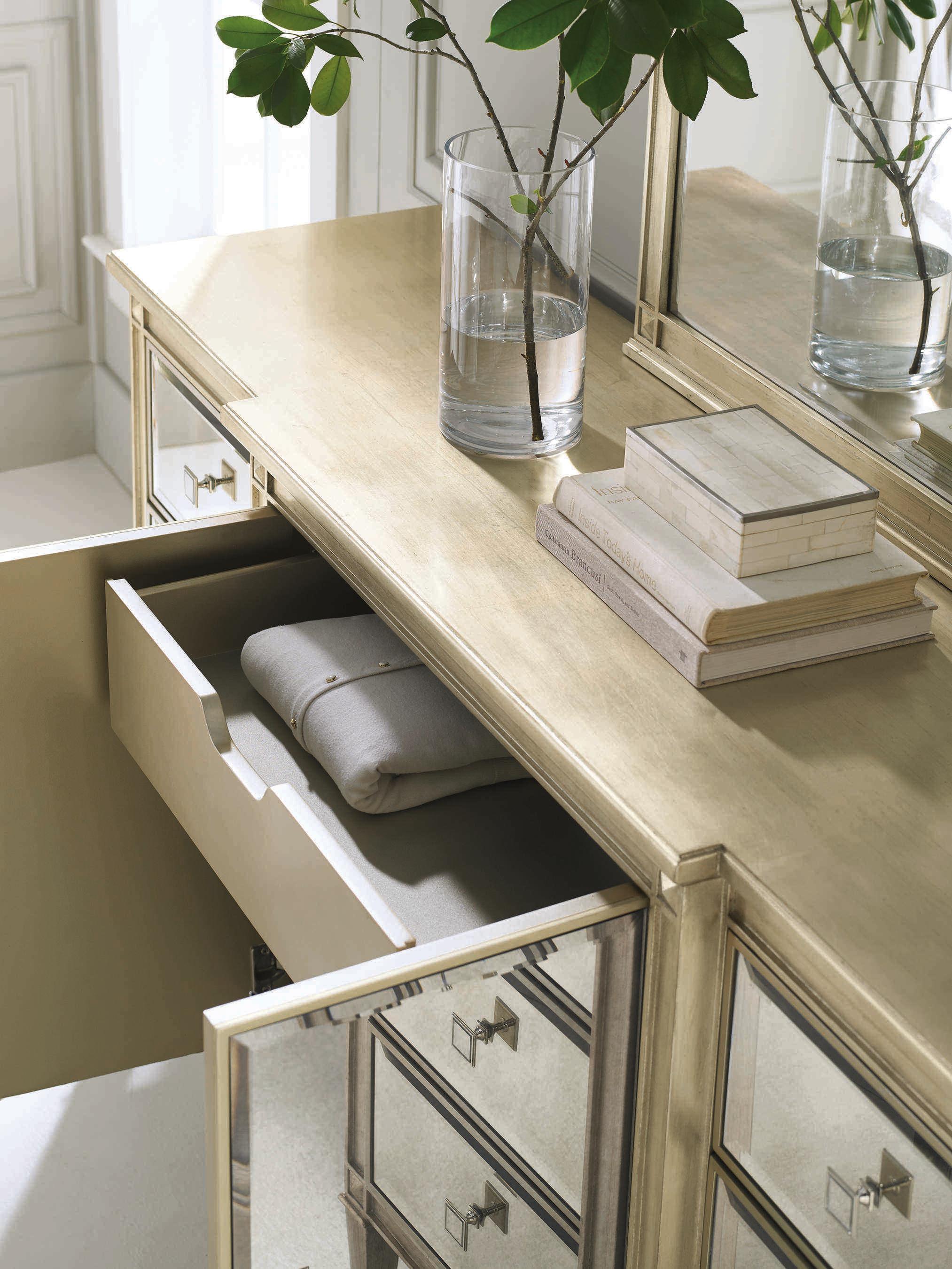 Caracole Classic La Dee-Dah Silver Leaf and Antique Mirrored 6-Drawers Double Dresser