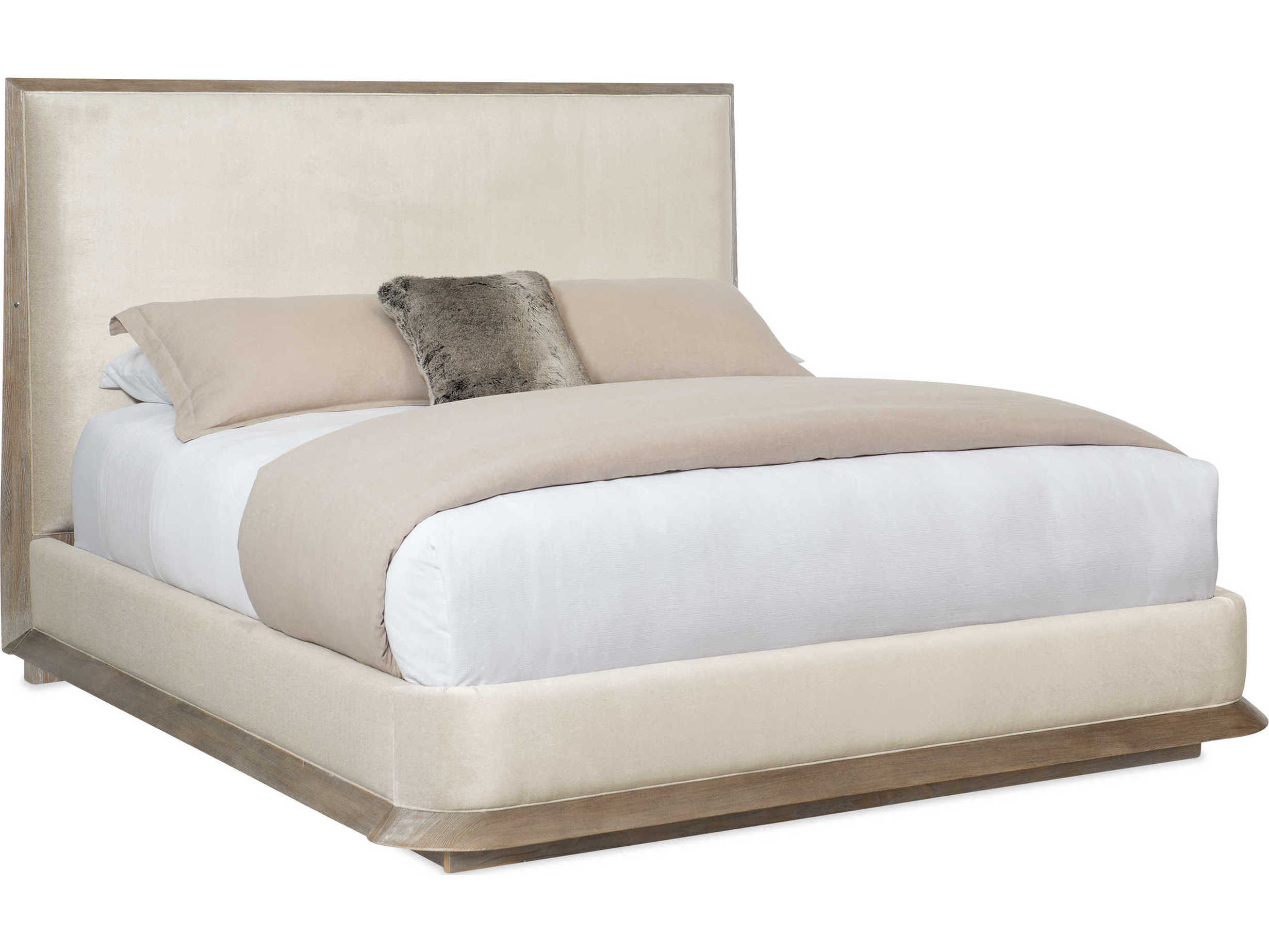 Caracole Classic The Stage Is Set Ash Driftwood White Wood Upholstered Queen Platform Bed
