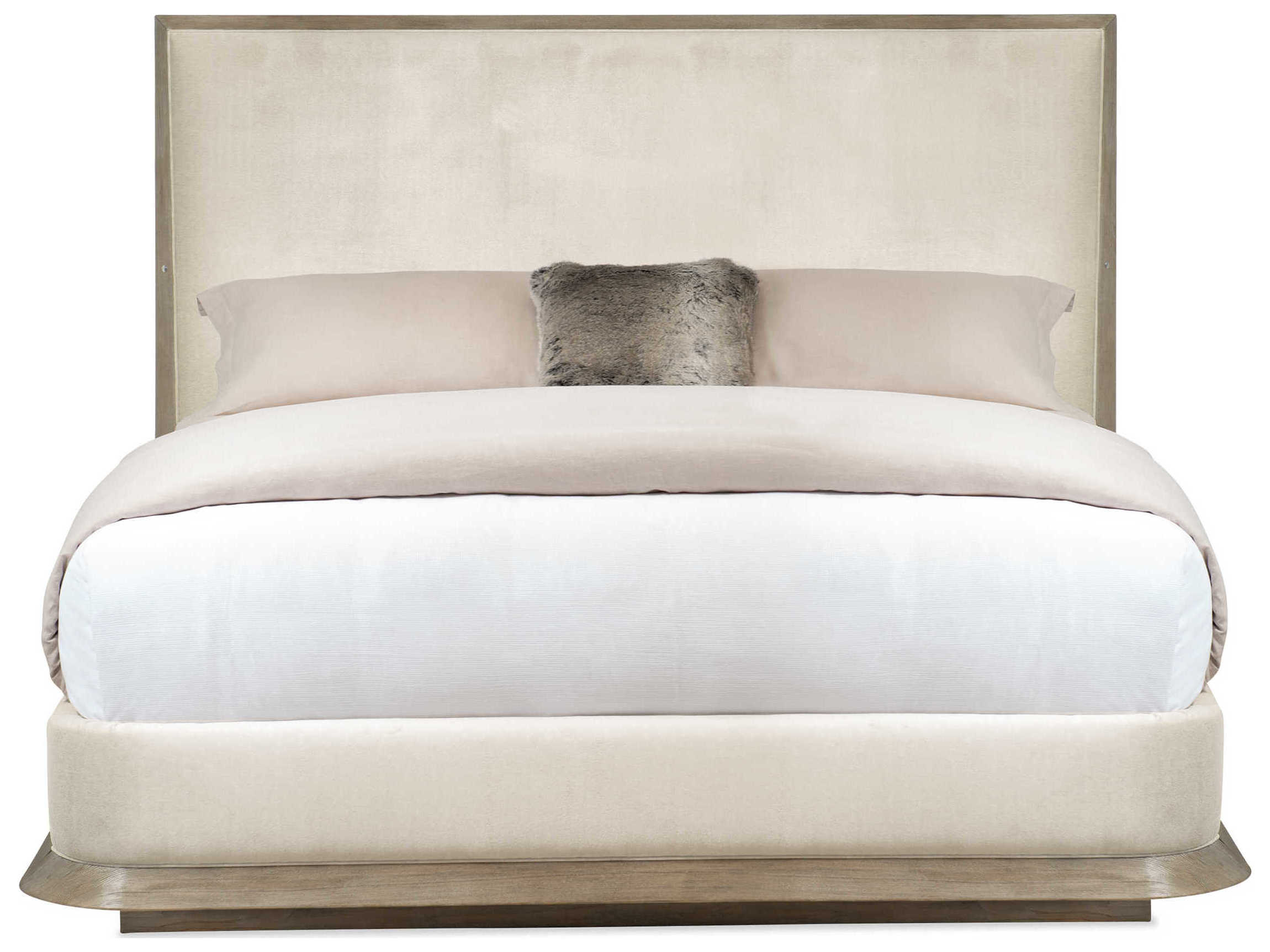 Caracole Classic The Stage Is Set Ash Driftwood White Wood Upholstered Queen Platform Bed