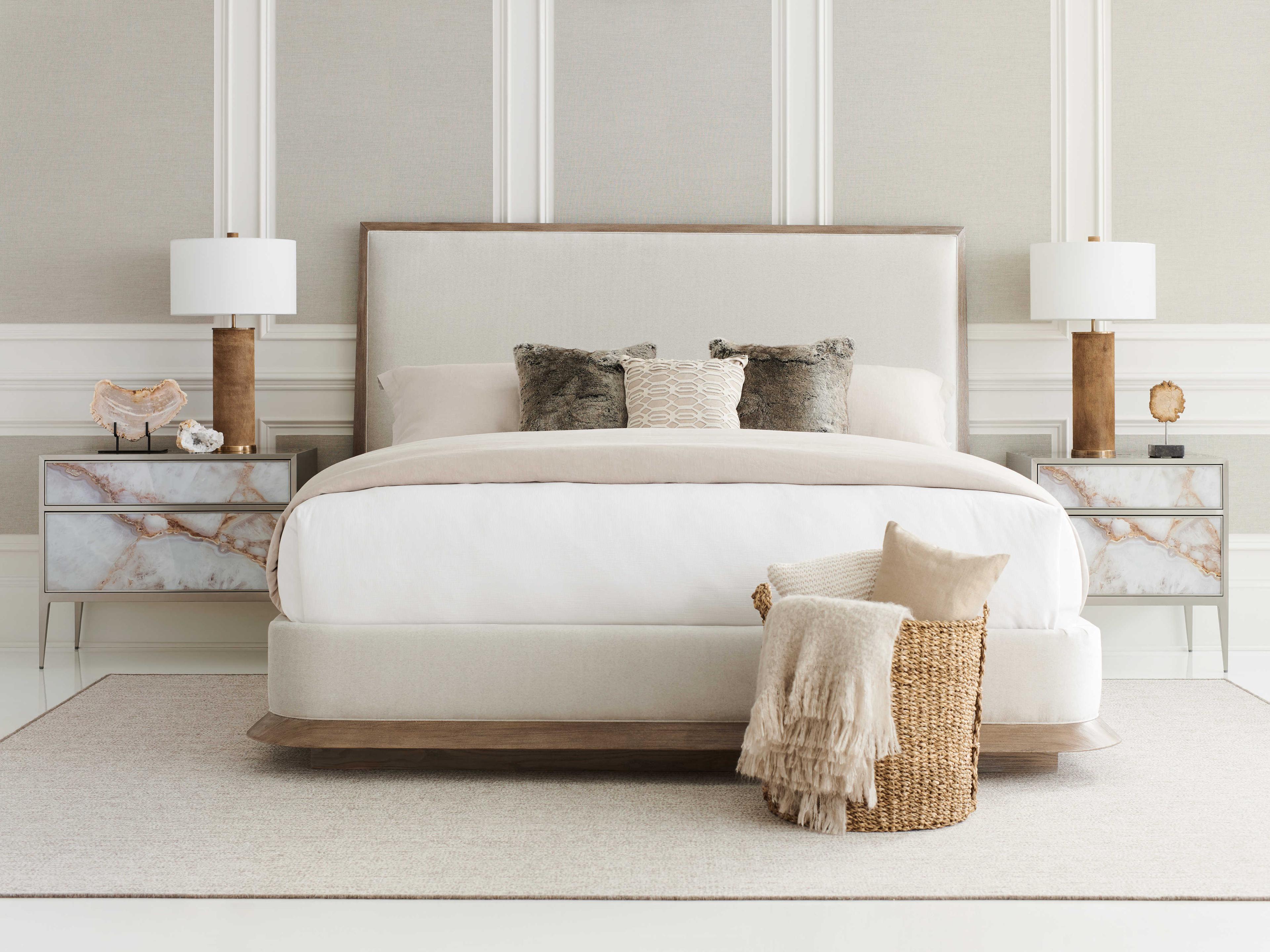 Caracole Classic The Stage Is Set Ash Driftwood White Wood Upholstered Queen Platform Bed