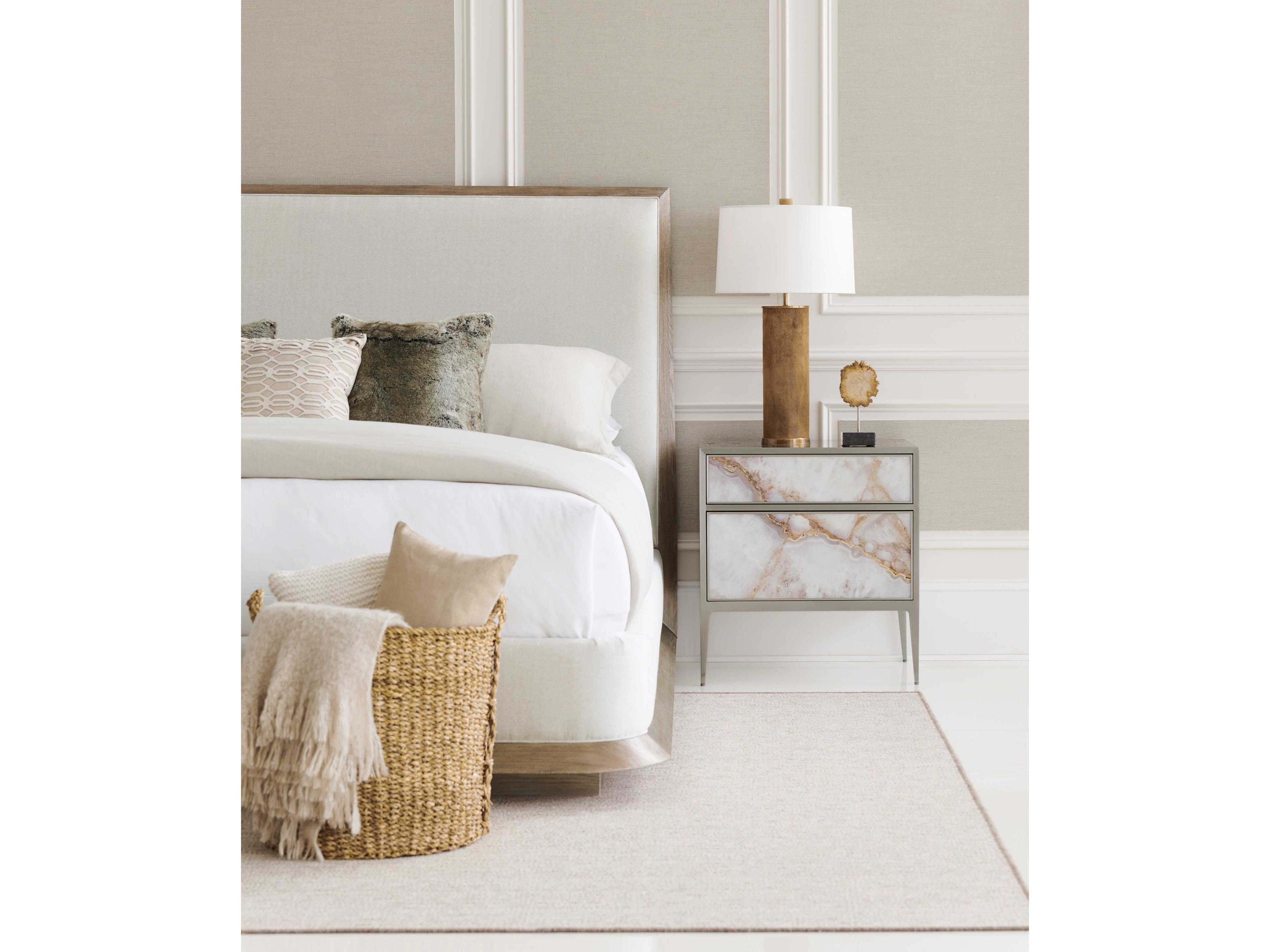 Caracole Classic The Stage Is Set Ash Driftwood White Wood Upholstered King Platform Bed