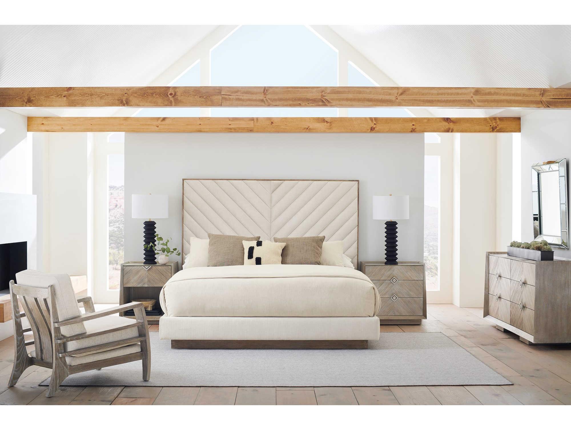 Caracole Classic Meet U in The Middle Ash Driftwood White Wood Upholstered King Platform Bed