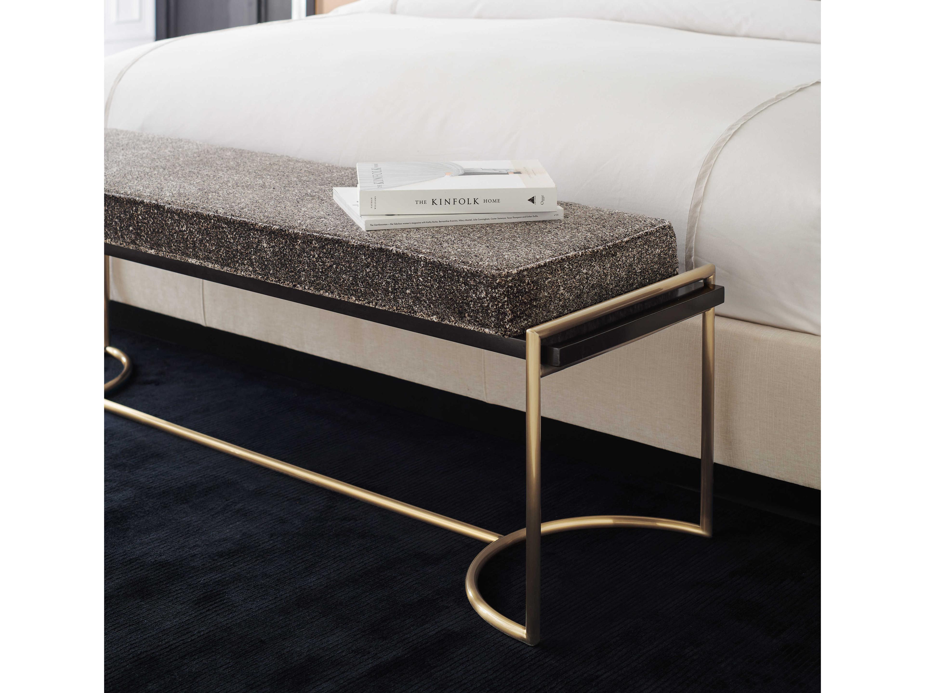 Caracole Classic Slim Line Dark Chocolate Champagne Gold Upholstered Accent Bench