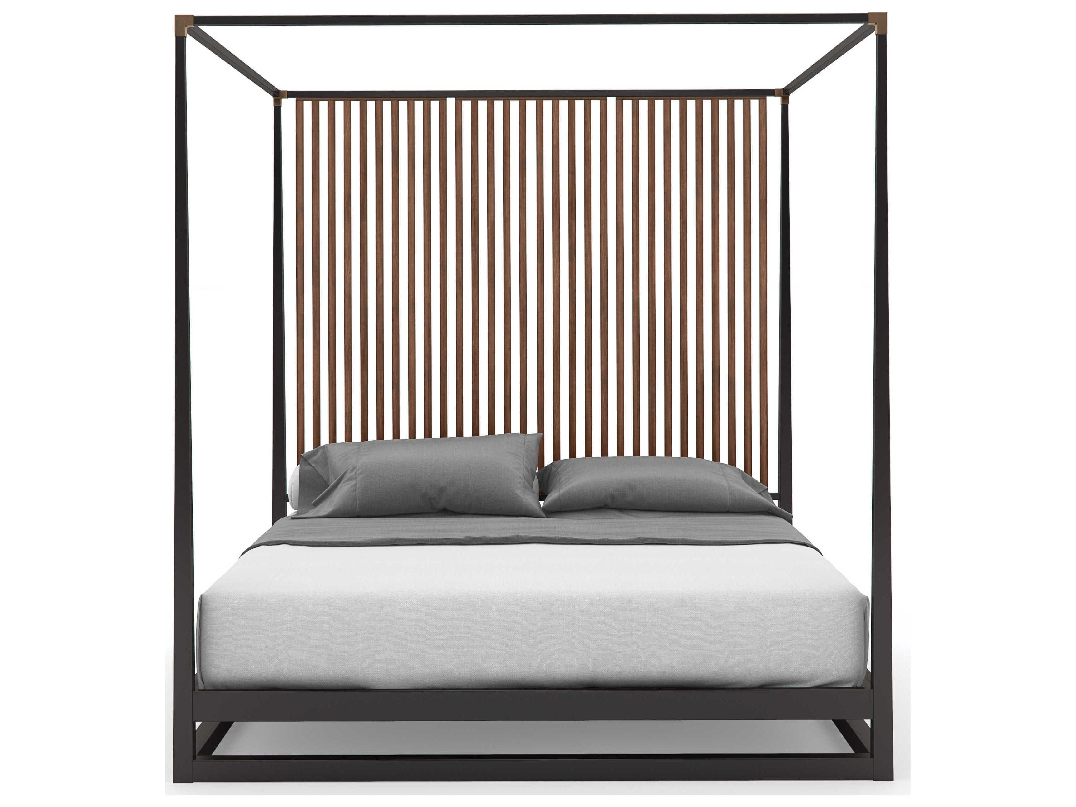Caracole Classic Pinstripe Dark Chocolate Rich Walnut Brown Wood King Canopy Bed