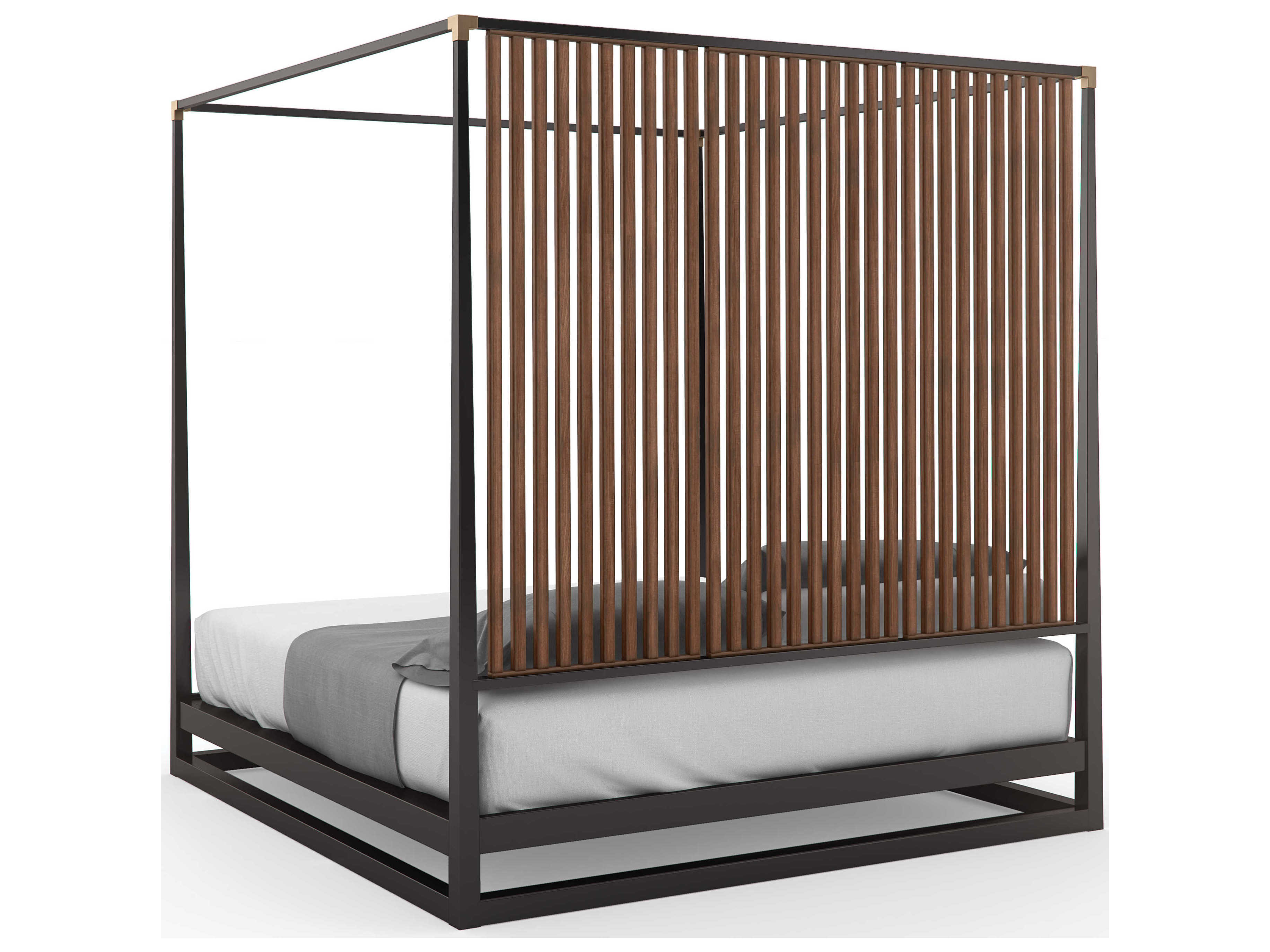 Caracole Classic Pinstripe Dark Chocolate Rich Walnut Brown Wood King Canopy Bed