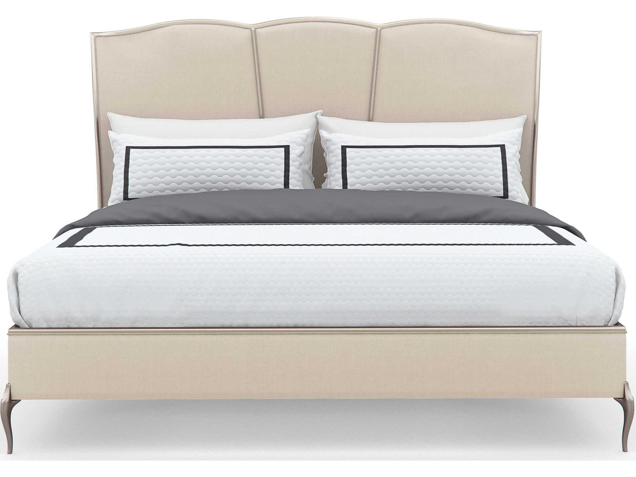 Caracole Classic Un-Deux-Trois Soft Silver Paint White Upholstered King Platform Bed