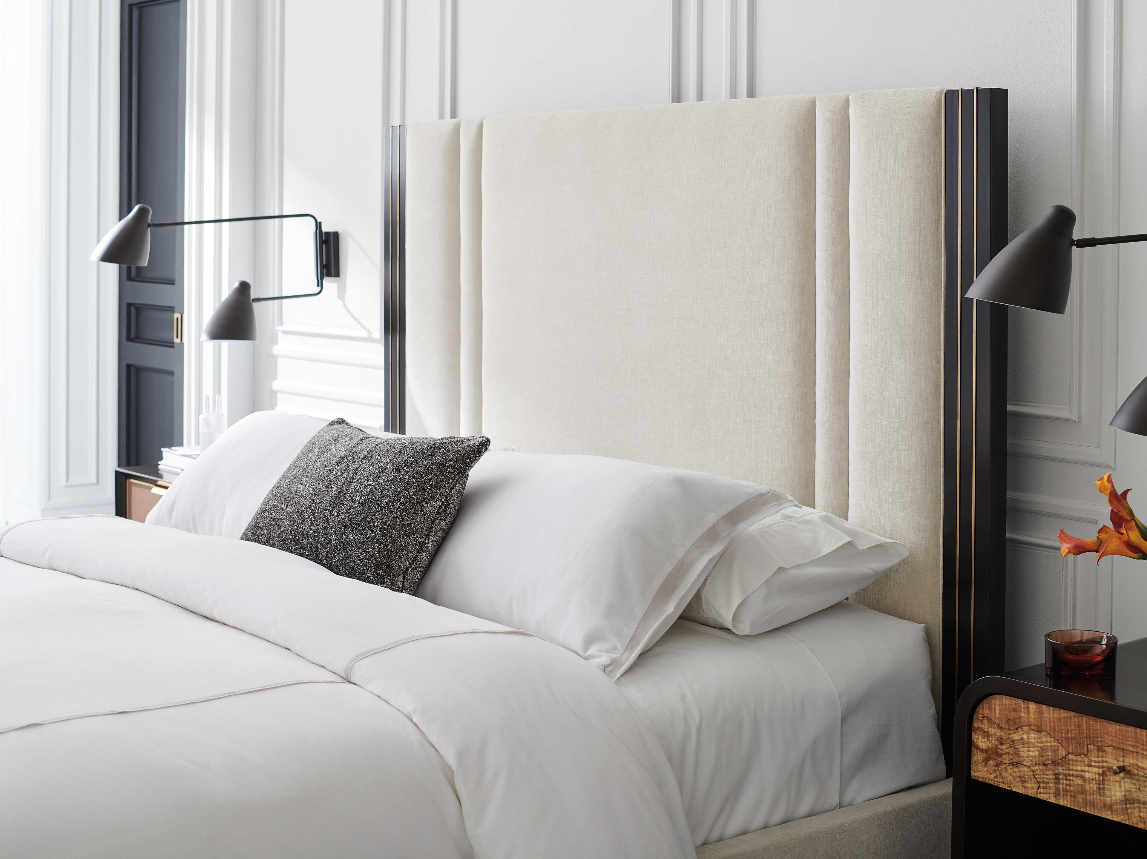 Caracole Classic Decent Proposal Dark Chocolate Champagne Gold White Upholstered King Platform Bed