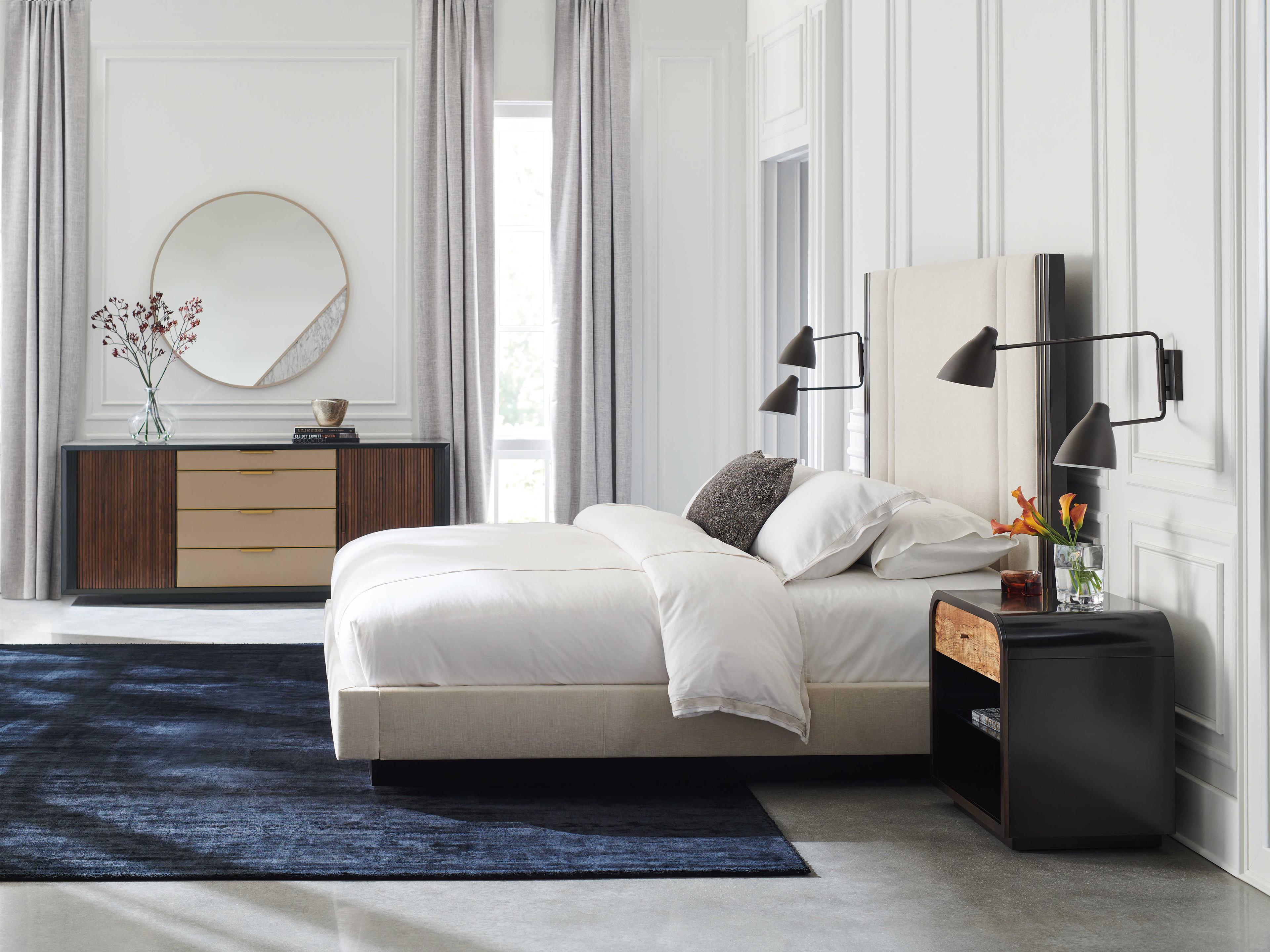 Caracole Classic Decent Proposal Dark Chocolate Champagne Gold White Upholstered King Platform Bed