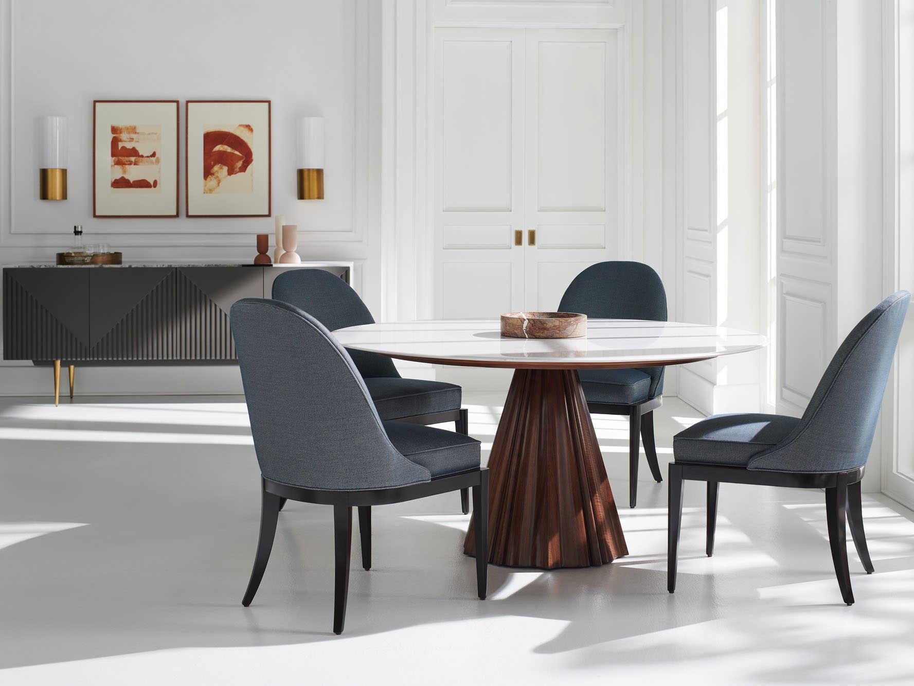 Caracole Classic All Natural Round White Marble Rich Walnut Dining Table