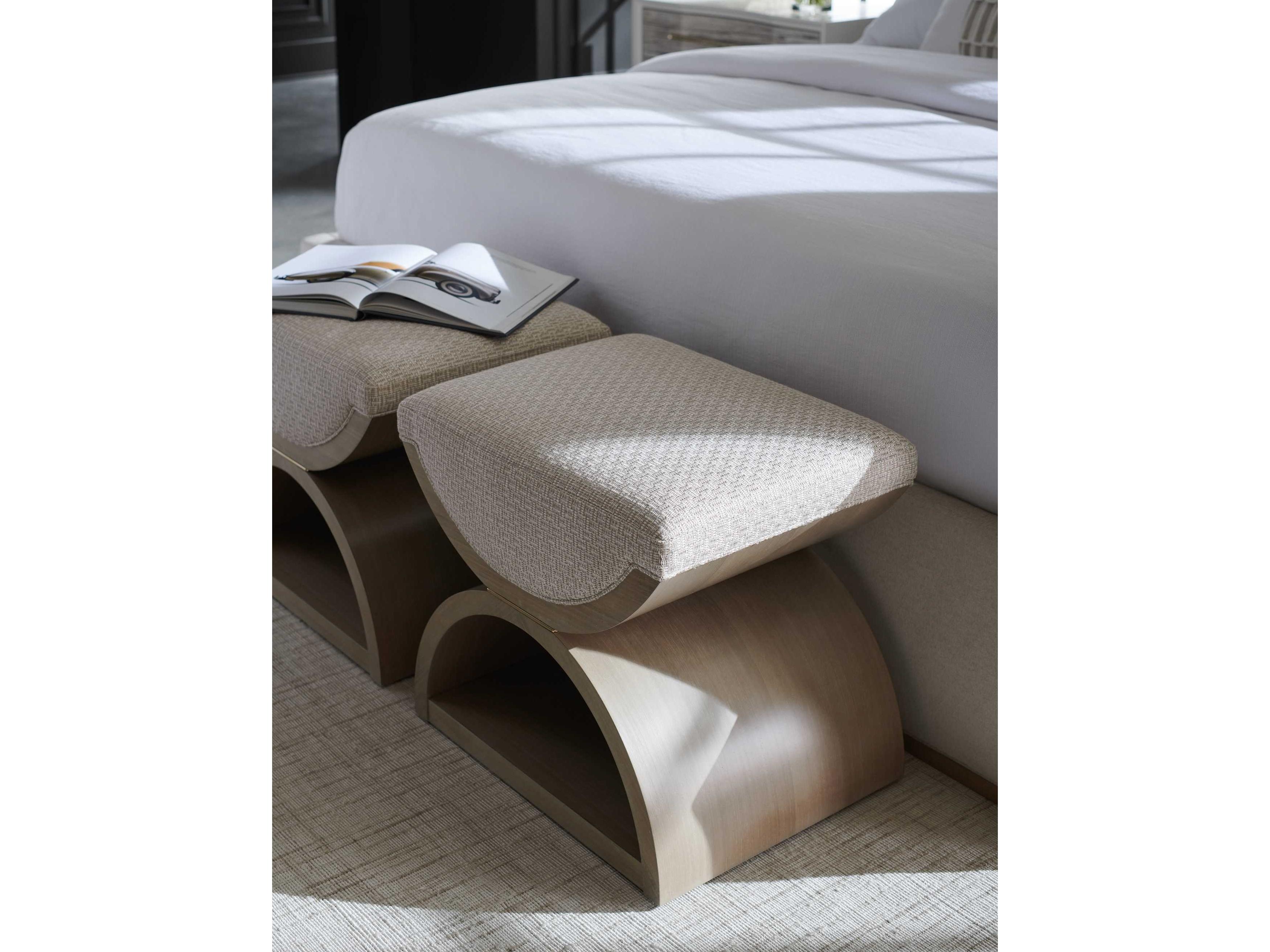 Caracole Classic Open Enrollment Woodland Gray Majestic Gold Brown Upholstered Ottoman