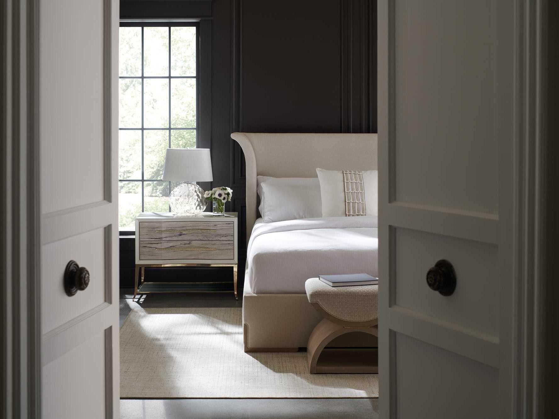 Caracole Classic Open Enrollment Woodland Gray Majestic Gold Brown Upholstered Ottoman