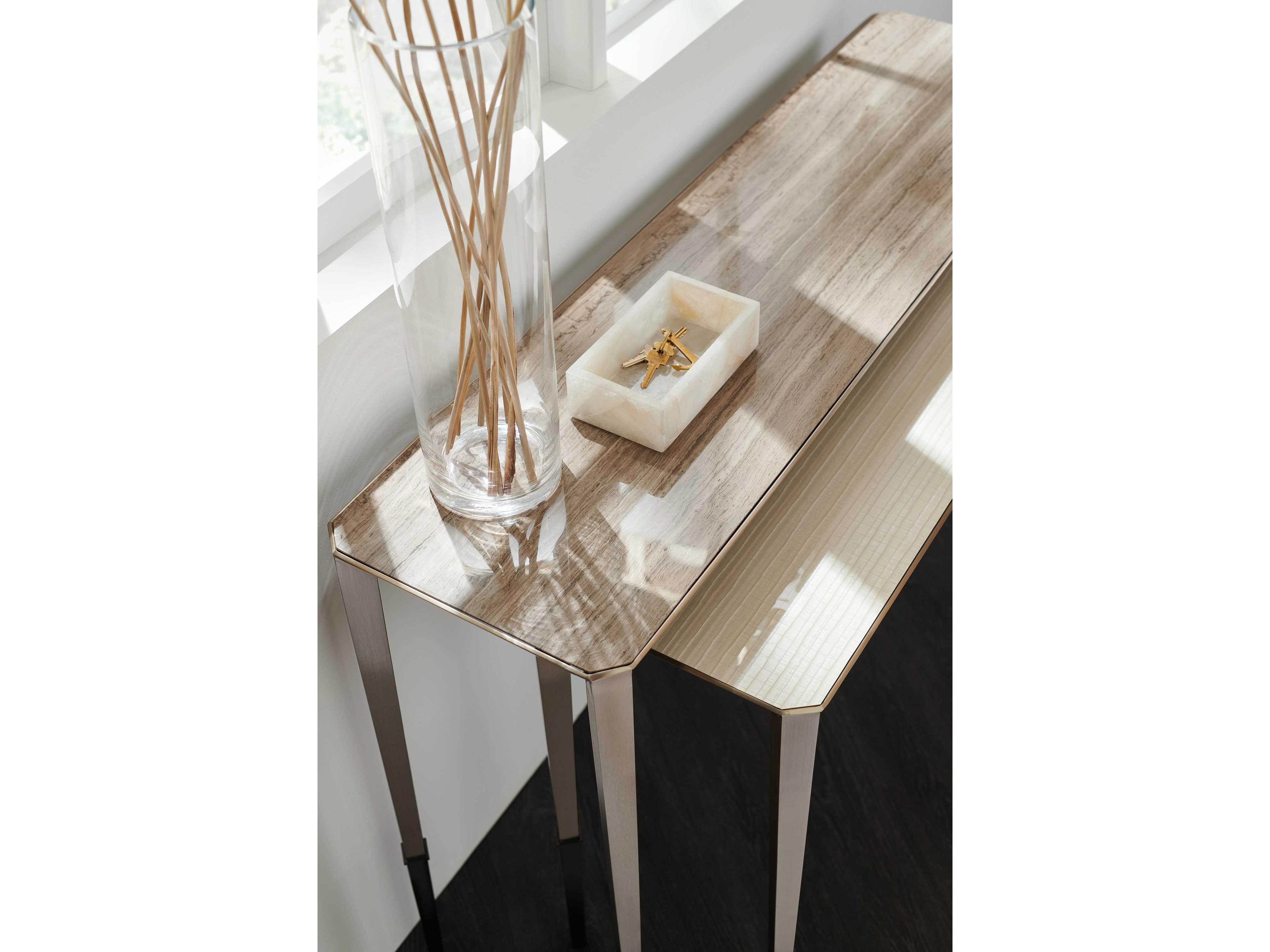 Caracole Classic Perfect Together Rectangular Stone Brushed Antique Brass Deep Bronze Console Table