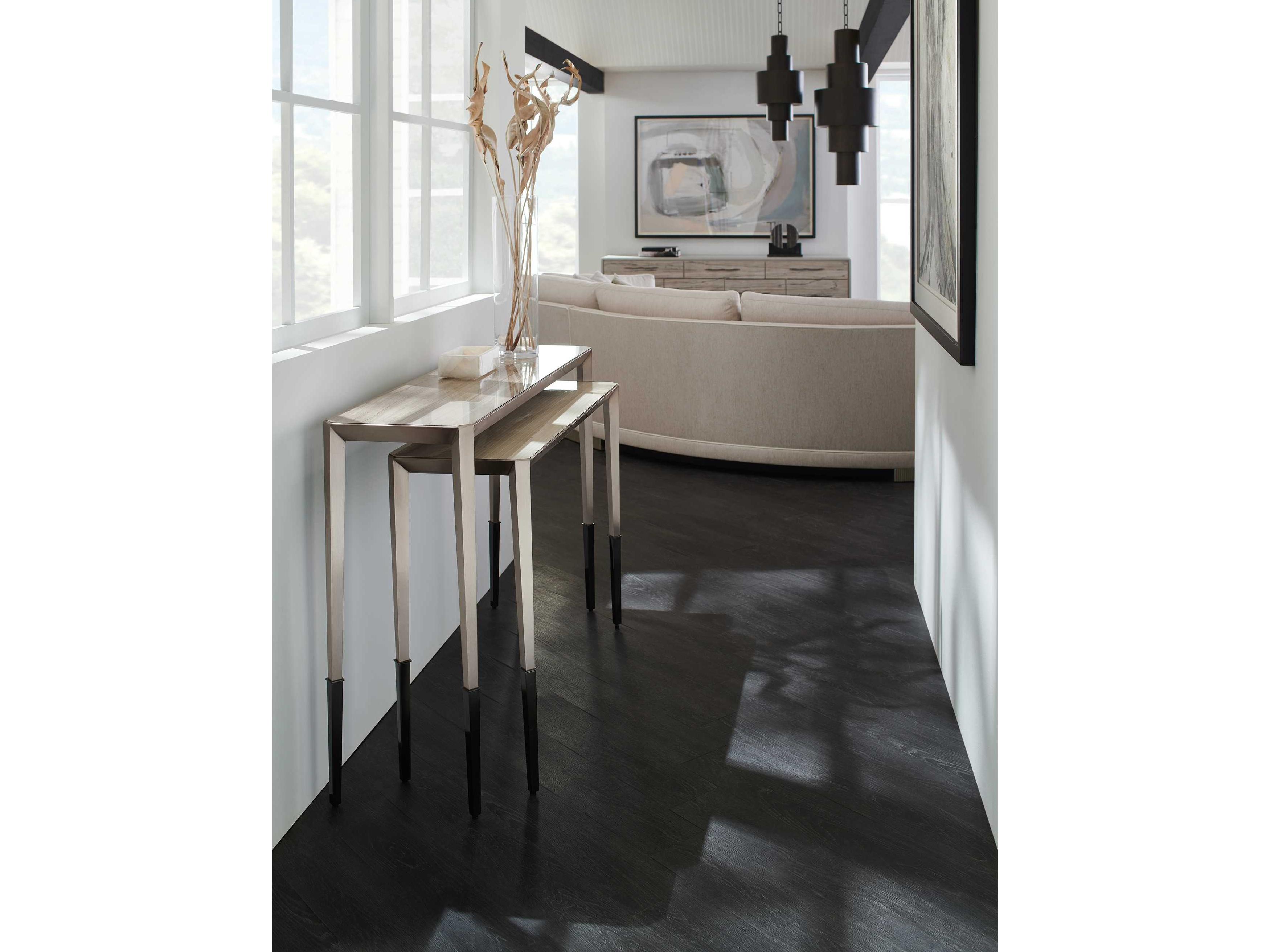 Caracole Classic Perfect Together Rectangular Stone Brushed Antique Brass Deep Bronze Console Table