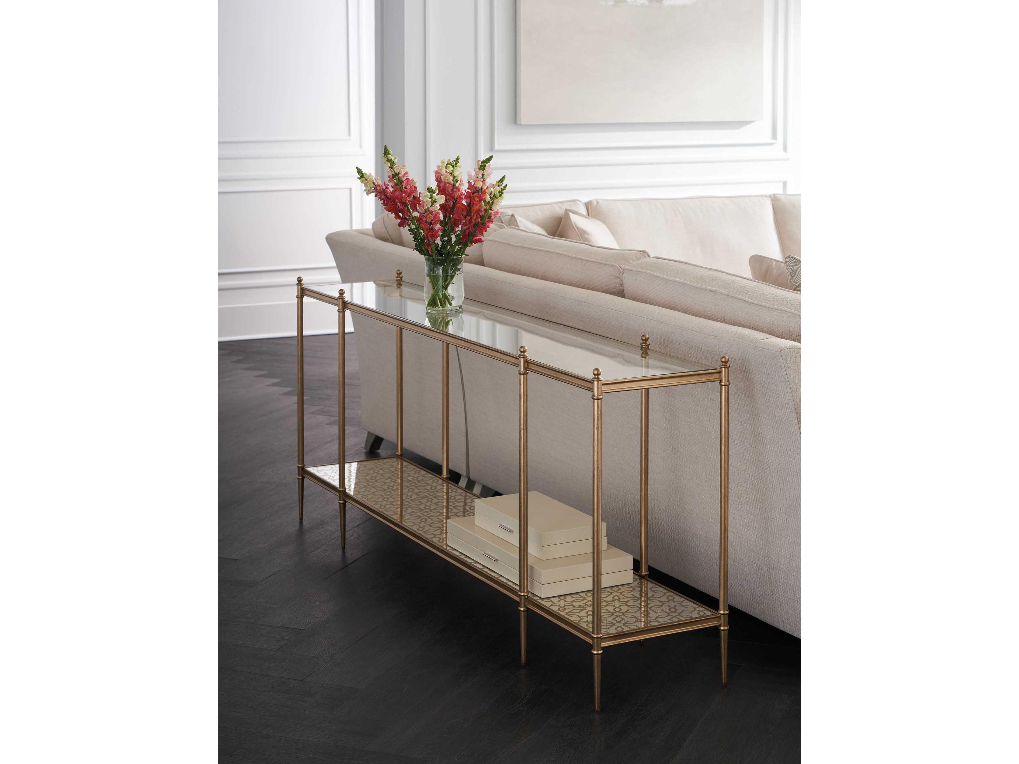 Caracole Classic Perfection Rectangular Glass New Gold Console Table