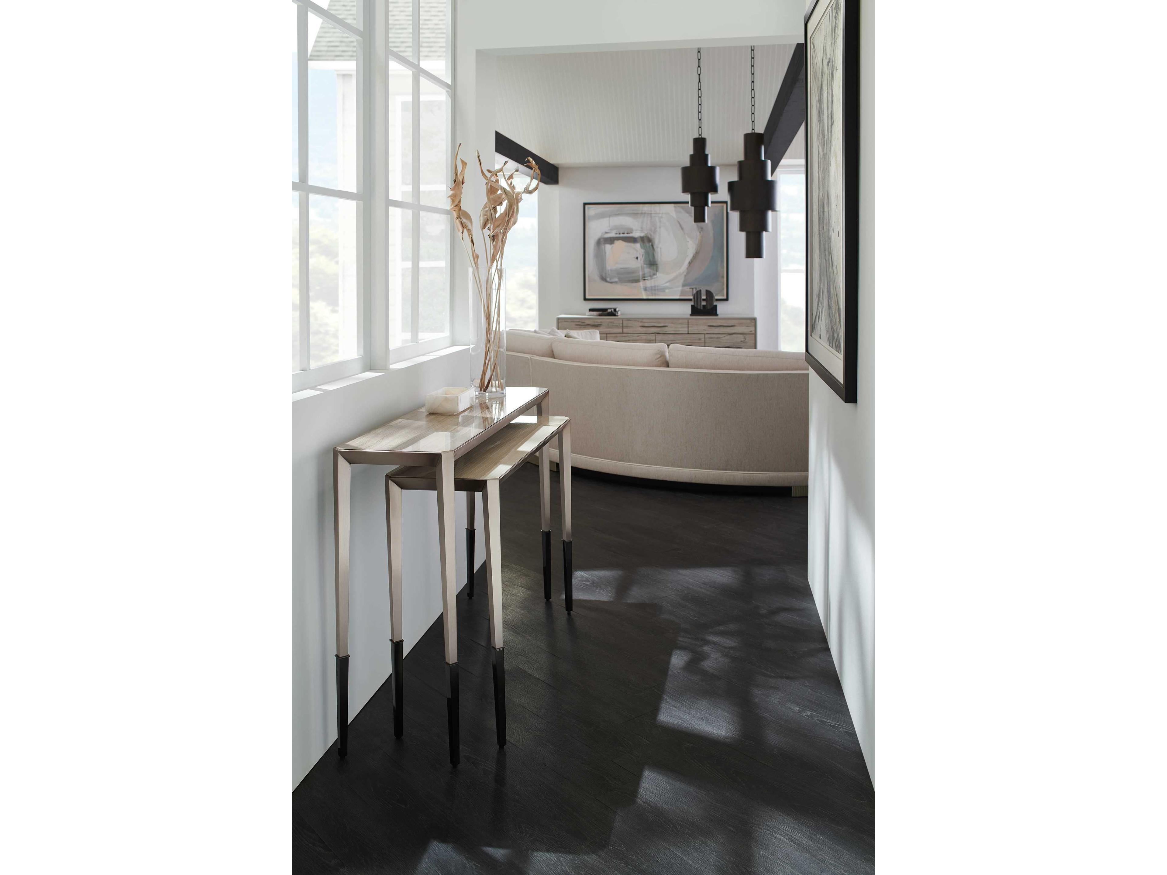 Caracole Classic Perfect Together Rectangular Brushed Antique Brass Deep Bronze Albino Console Table