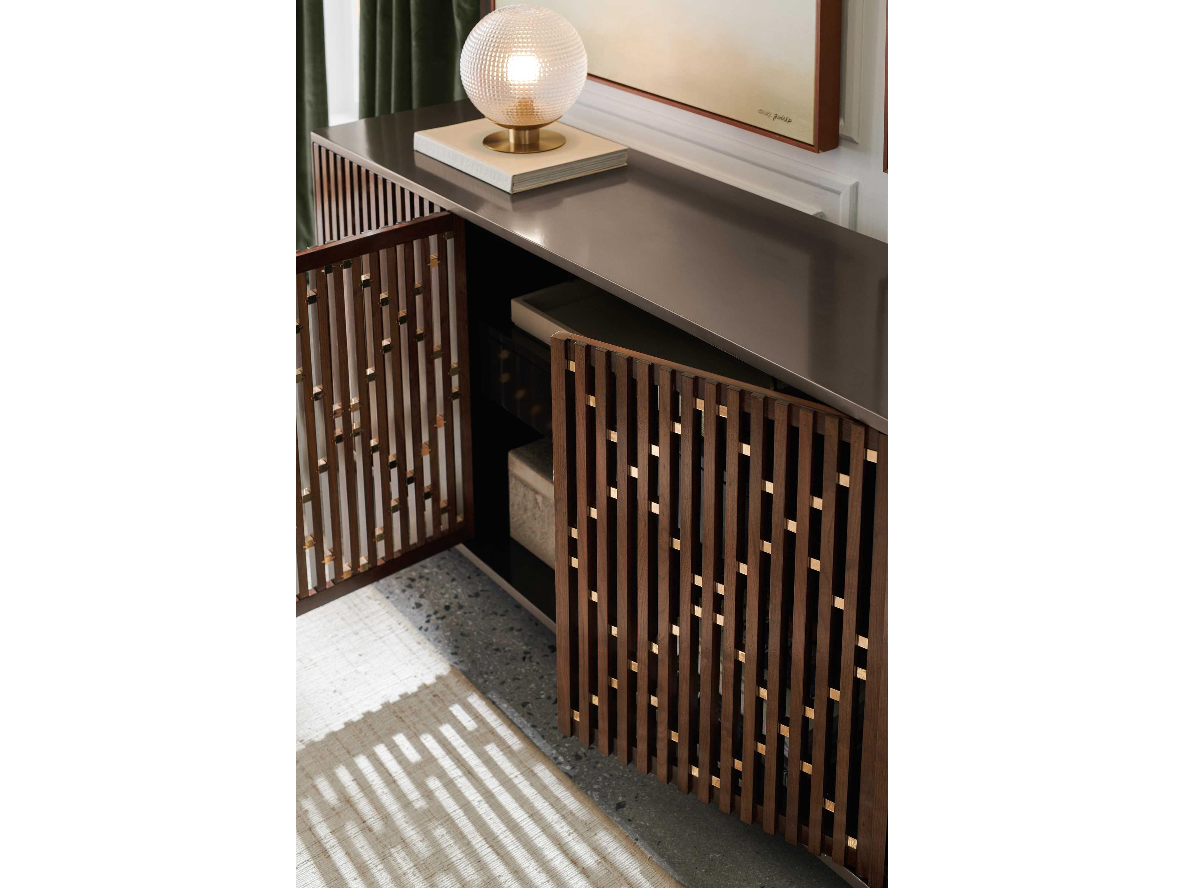 Caracole Classic Diamond In The Rough 84" Birch Wood Brushed Antique Brass Paint Rich Walnut Whisper Of Gold Media Console