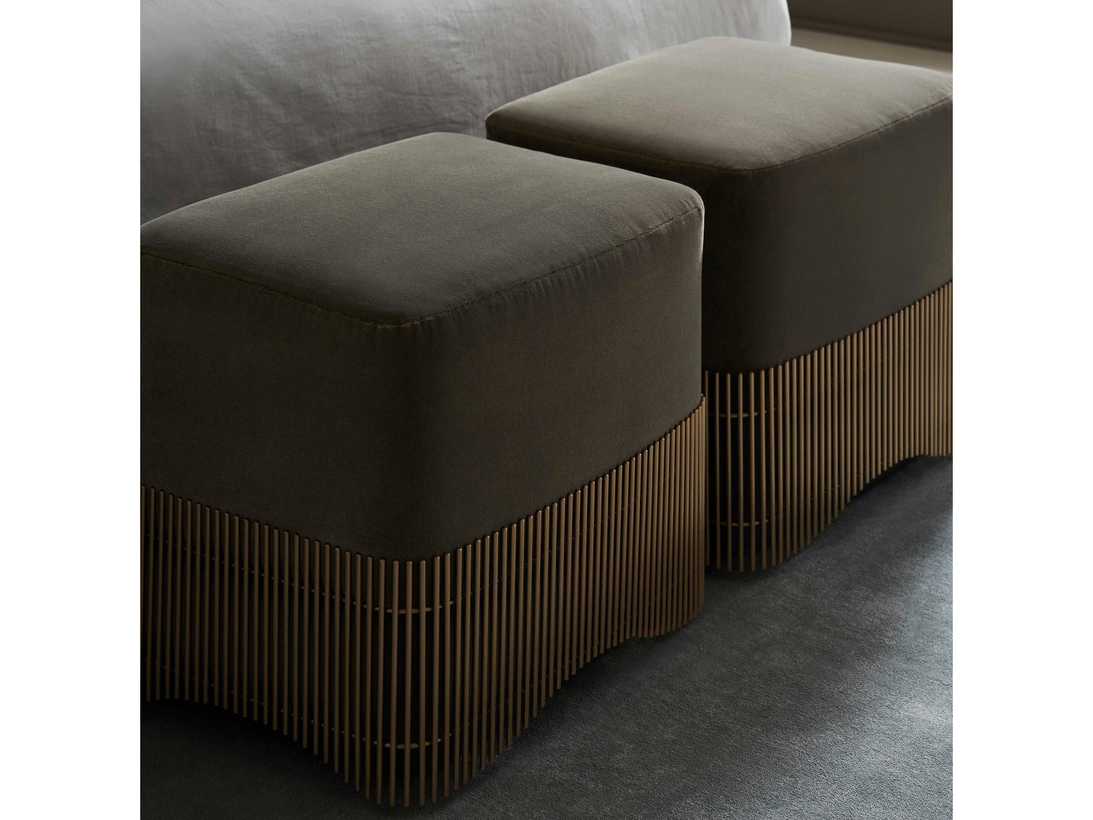 Caracole Classic Petit Four Dark Chocolate Brushed Gold Brown Microfiber Upholstered Ottoman