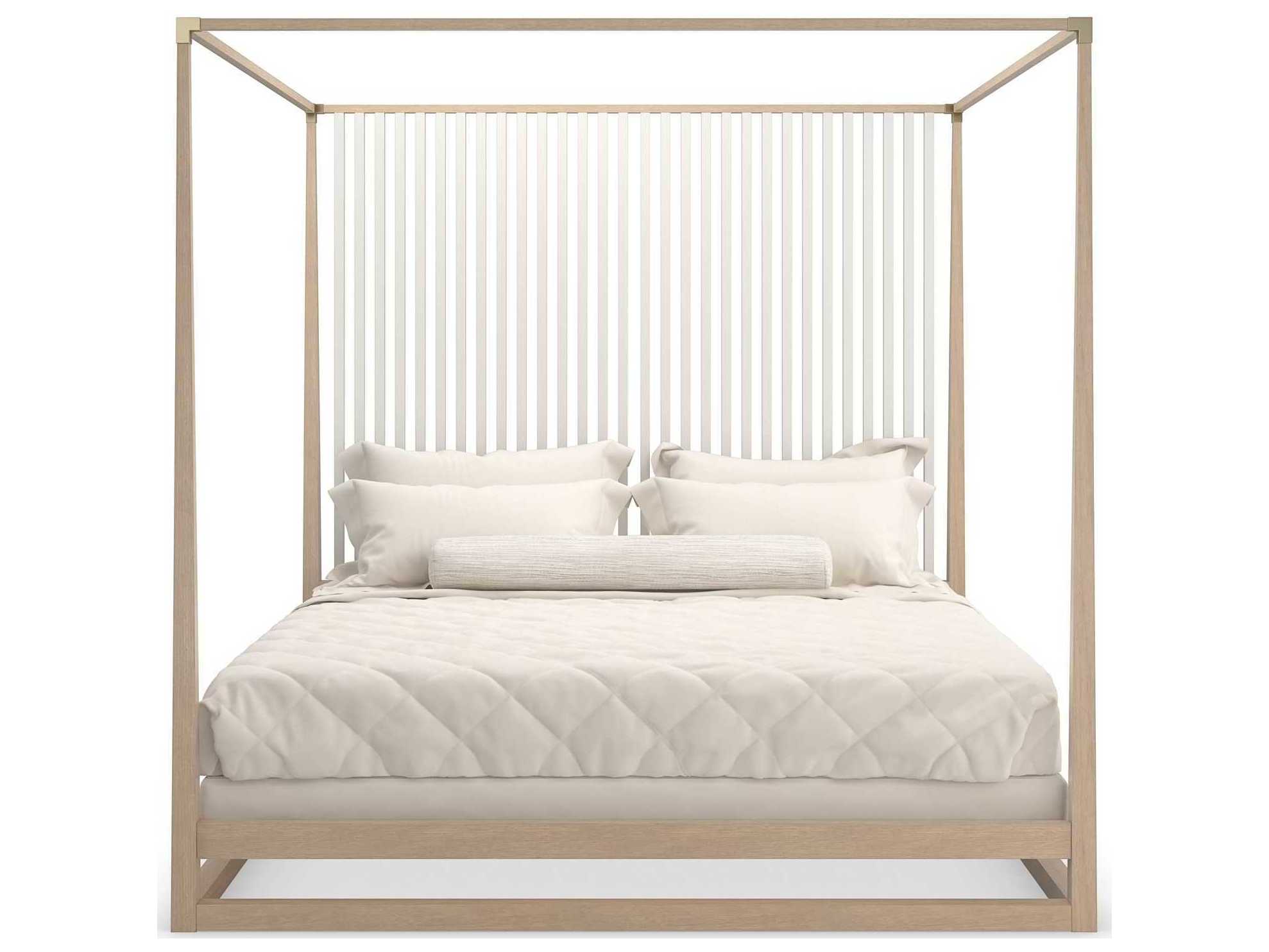 Caracole Classic Pinstripe Light Sun Drenched Oak Almond Milk Wood Queen Poster Bed