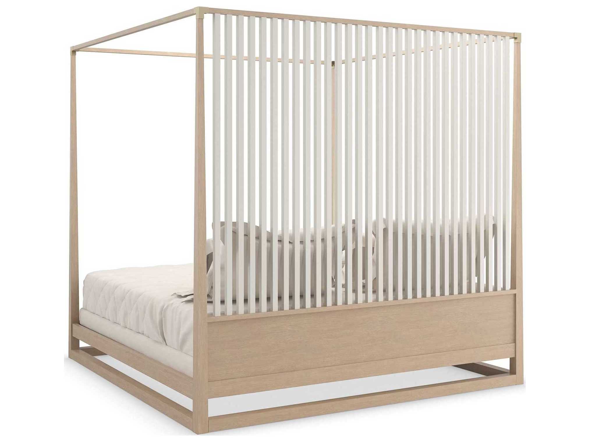Caracole Classic Pinstripe Light Sun Drenched Oak Almond Milk Wood Queen Poster Bed