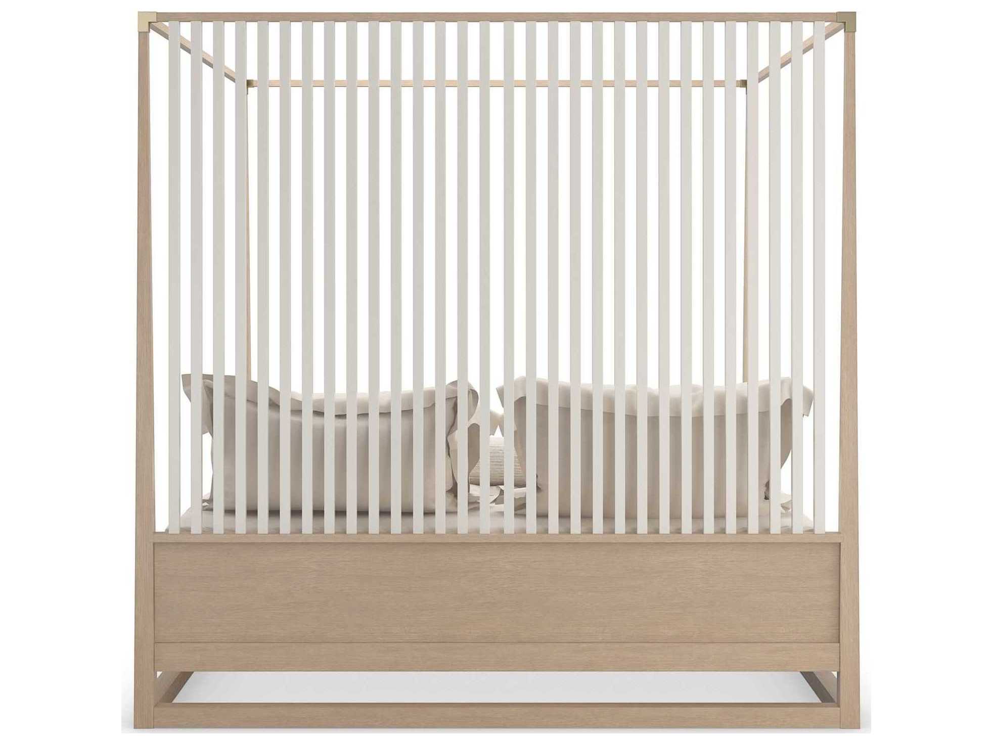 Caracole Classic Pinstripe Light Sun Drenched Oak Almond Milk Wood Queen Poster Bed