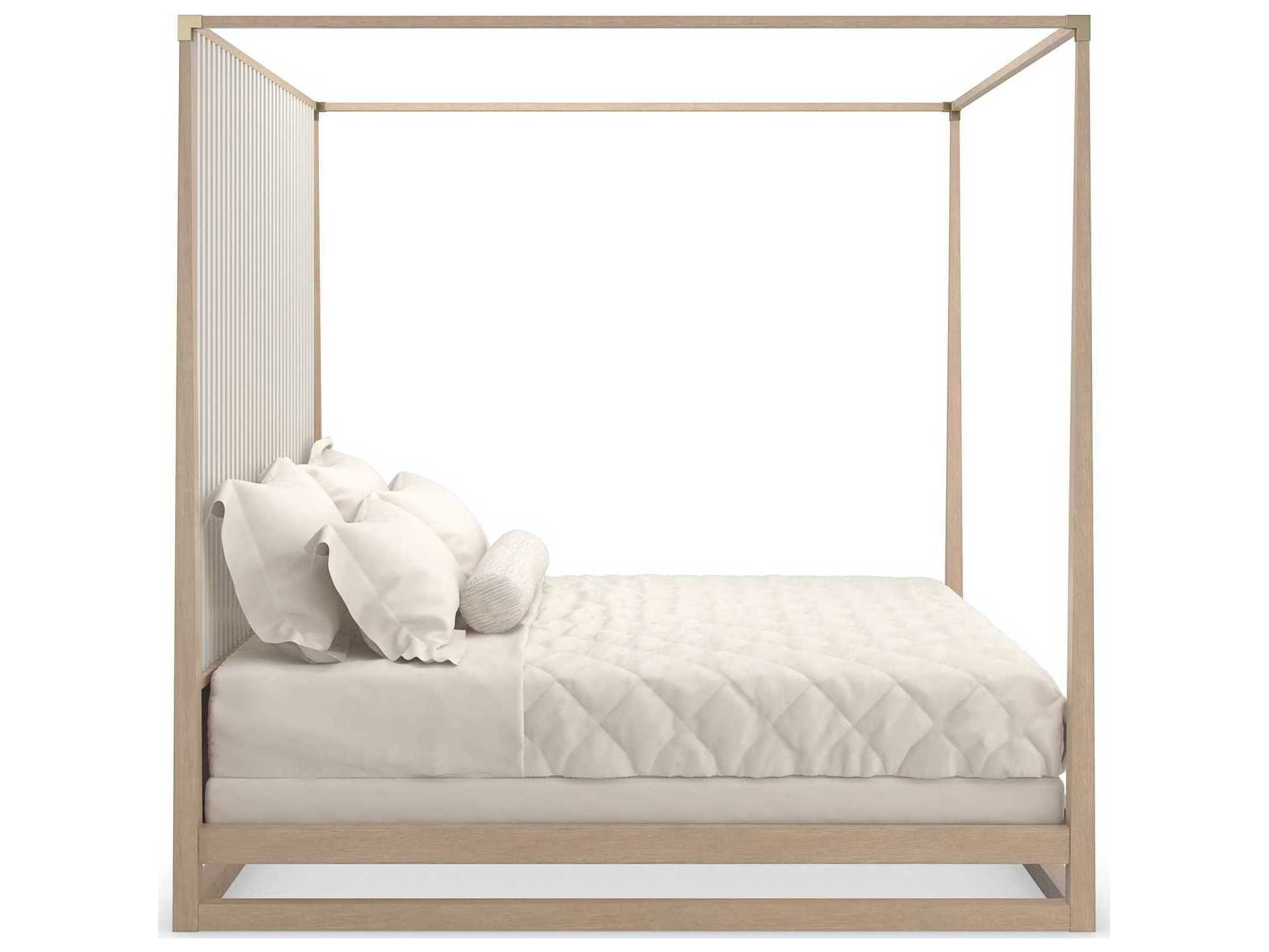 Caracole Classic Pinstripe Light Sun Drenched Oak Almond Milk Wood Queen Poster Bed