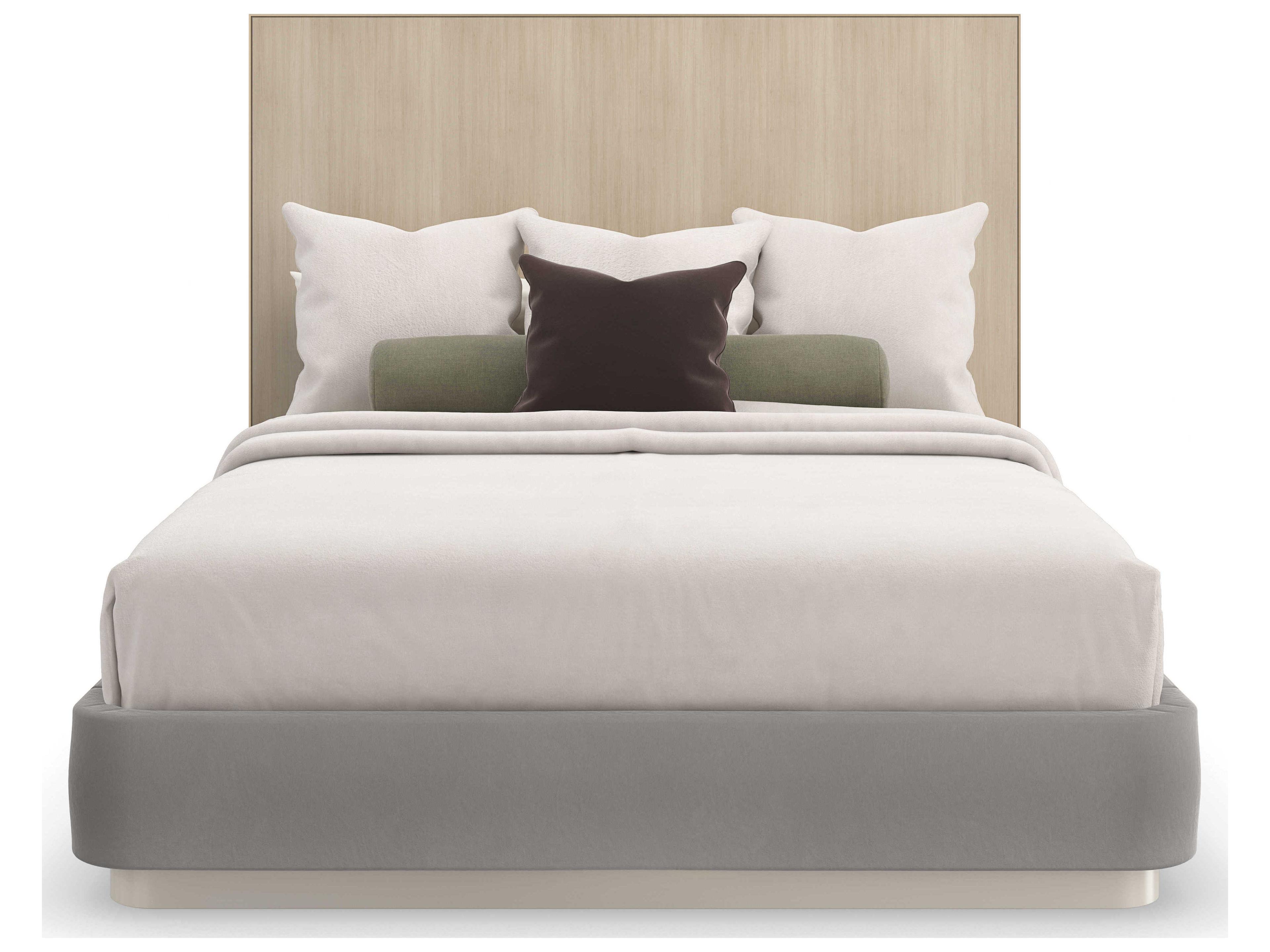 Caracole Classic Dream Chaser Dry Martini Cloud Brushed Gold Natural Poplar Wood Upholstered Queen Platform Bed