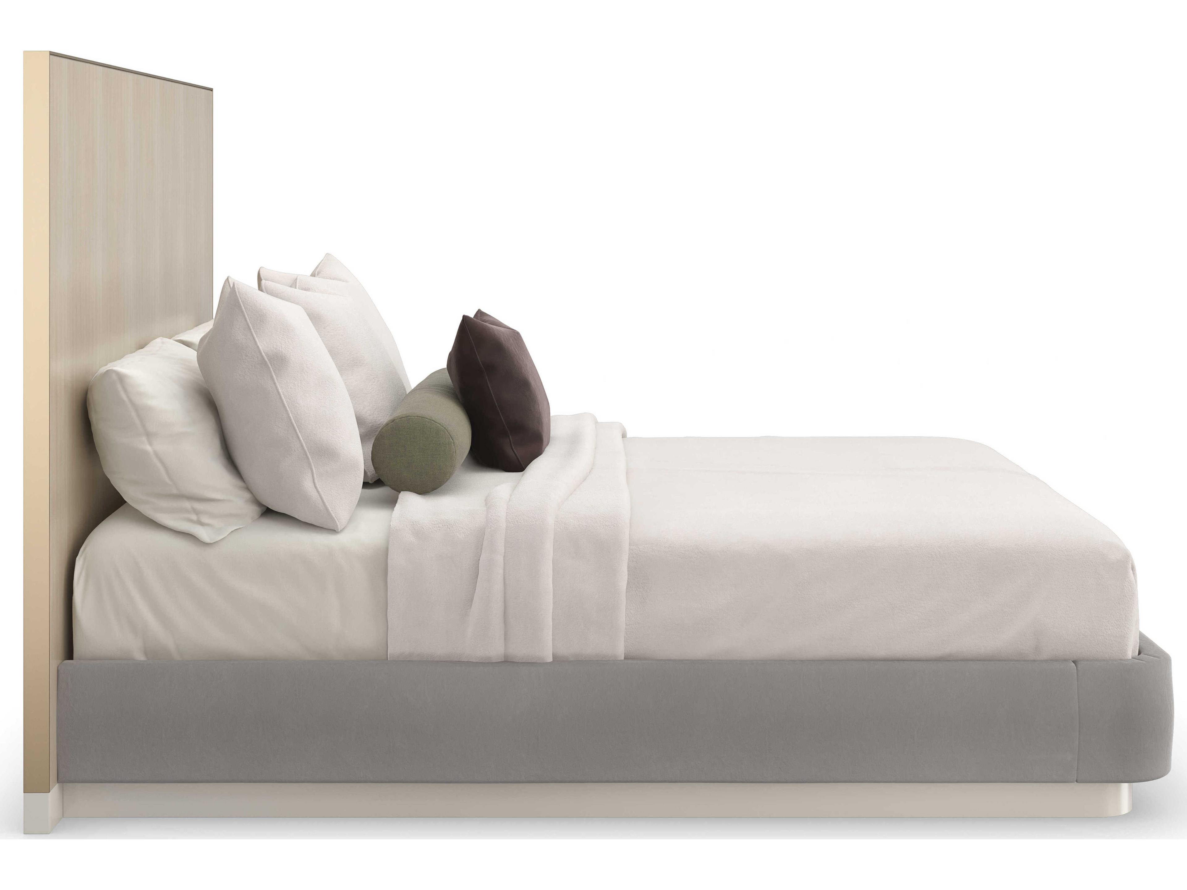 Caracole Classic Dream Chaser Dry Martini Cloud Brushed Gold Natural Poplar Wood Upholstered Queen Platform Bed