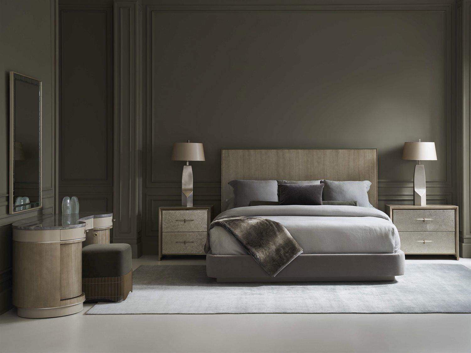 Caracole Classic Dream Chaser Dry Martini Cloud Brushed Gold Natural Poplar Wood Upholstered Queen Platform Bed