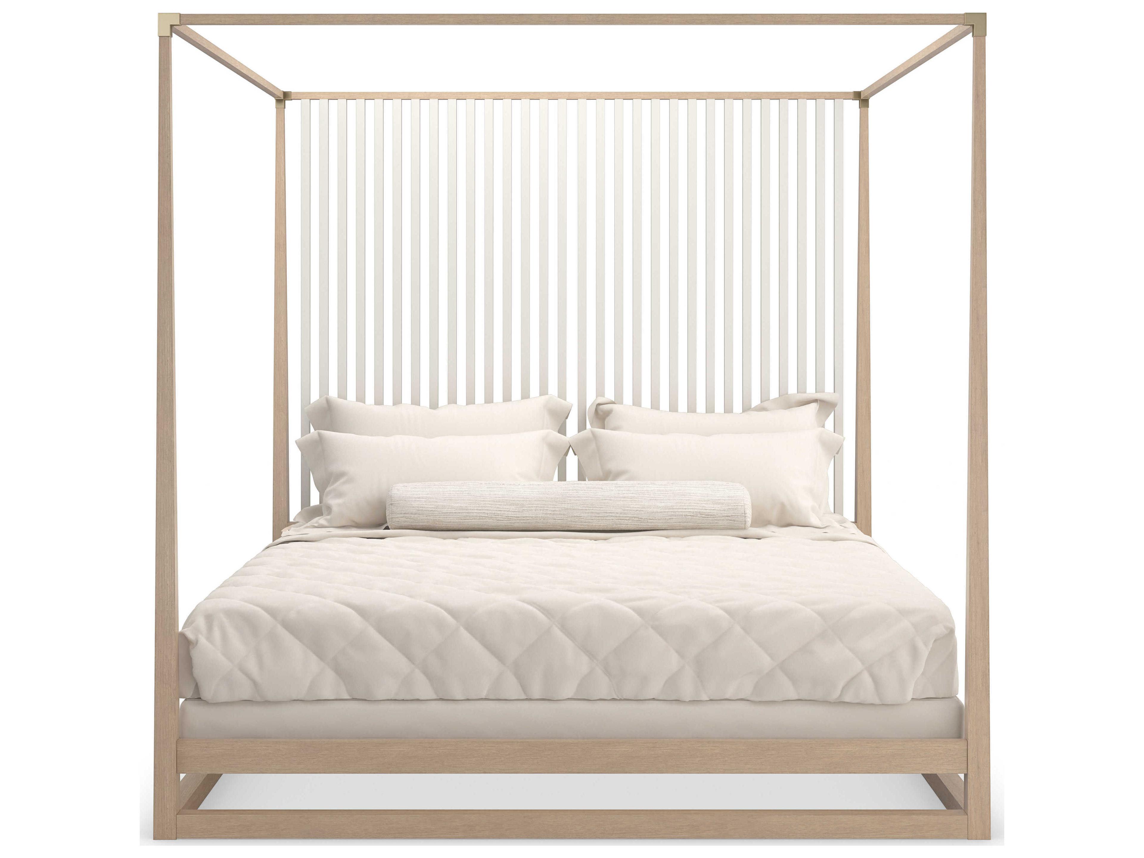 Caracole Classic Pinstripe Light Sun Drenched Oak Almond Milk Wood King Poster Bed
