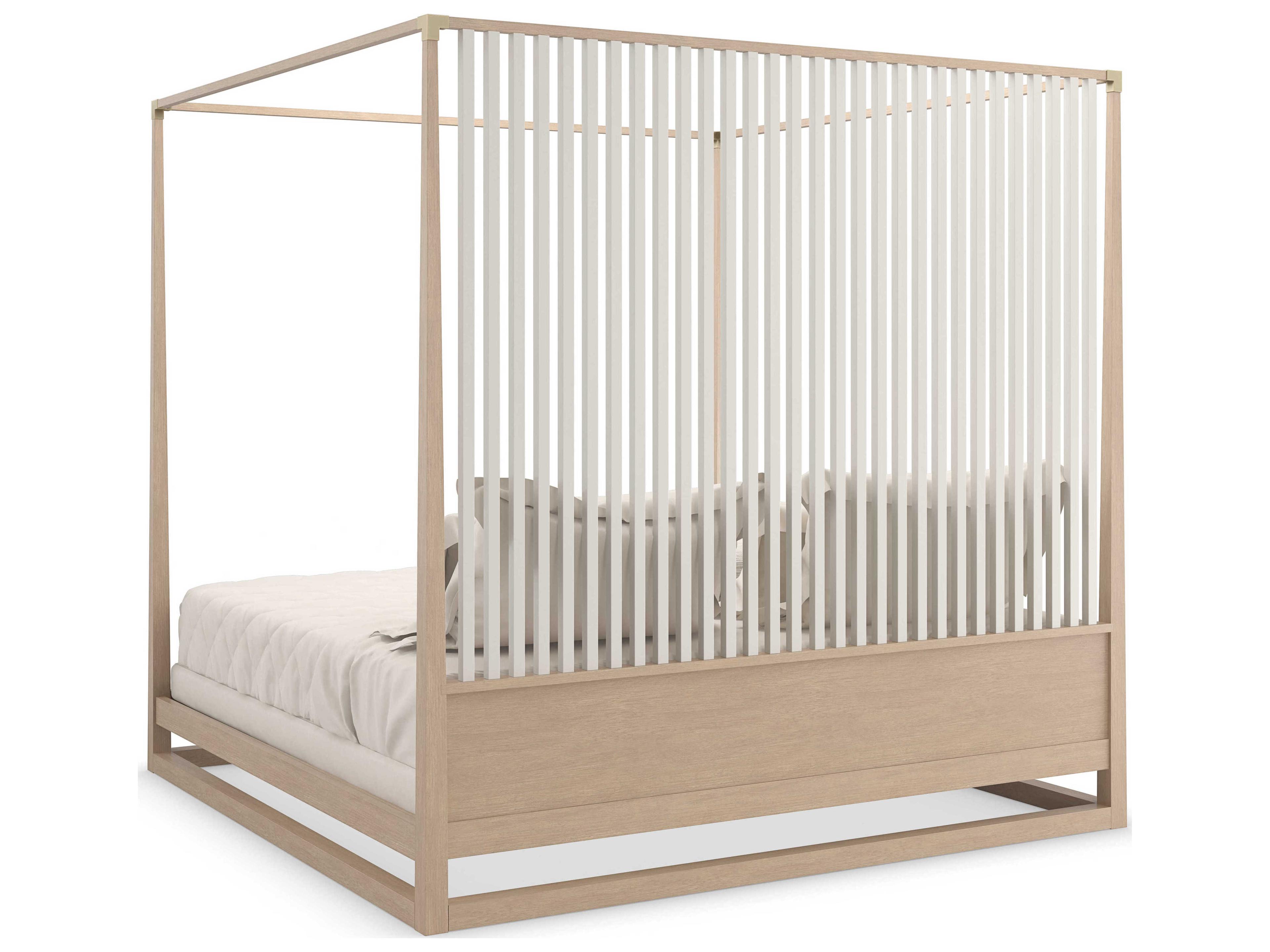 Caracole Classic Pinstripe Light Sun Drenched Oak Almond Milk Wood King Poster Bed